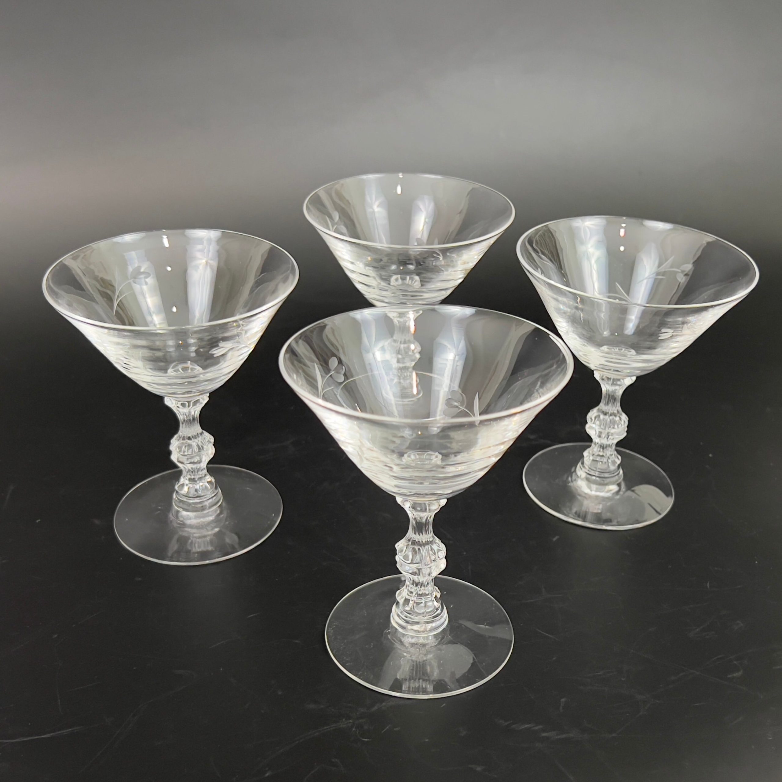 Vintage Duncan & Miller Champagne Coupes: Petite Pattern, Etched Floral Stem (Set of 4)