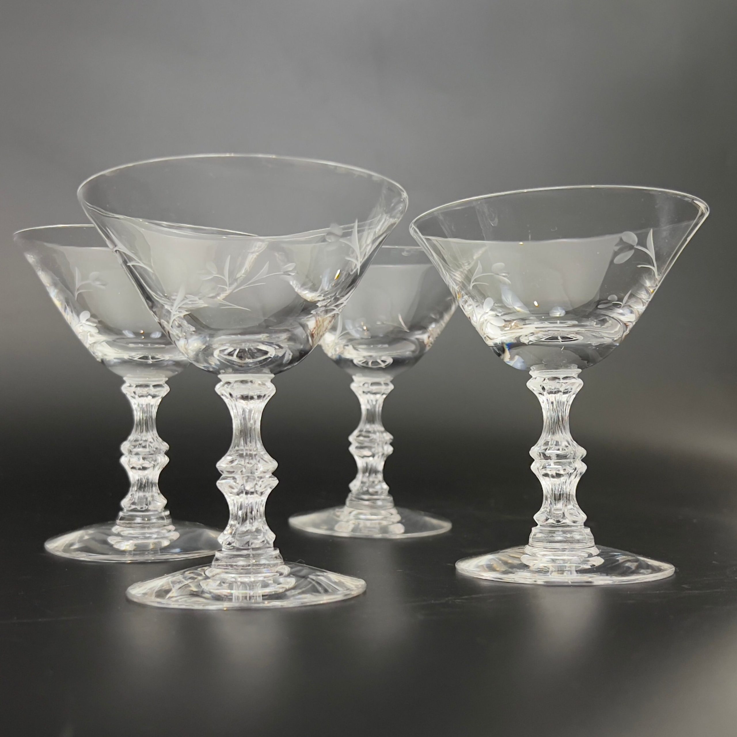 Vintage Duncan & Miller Champagne Coupes: Petite Pattern, Etched Floral Stem (Set of 4) - Image 4