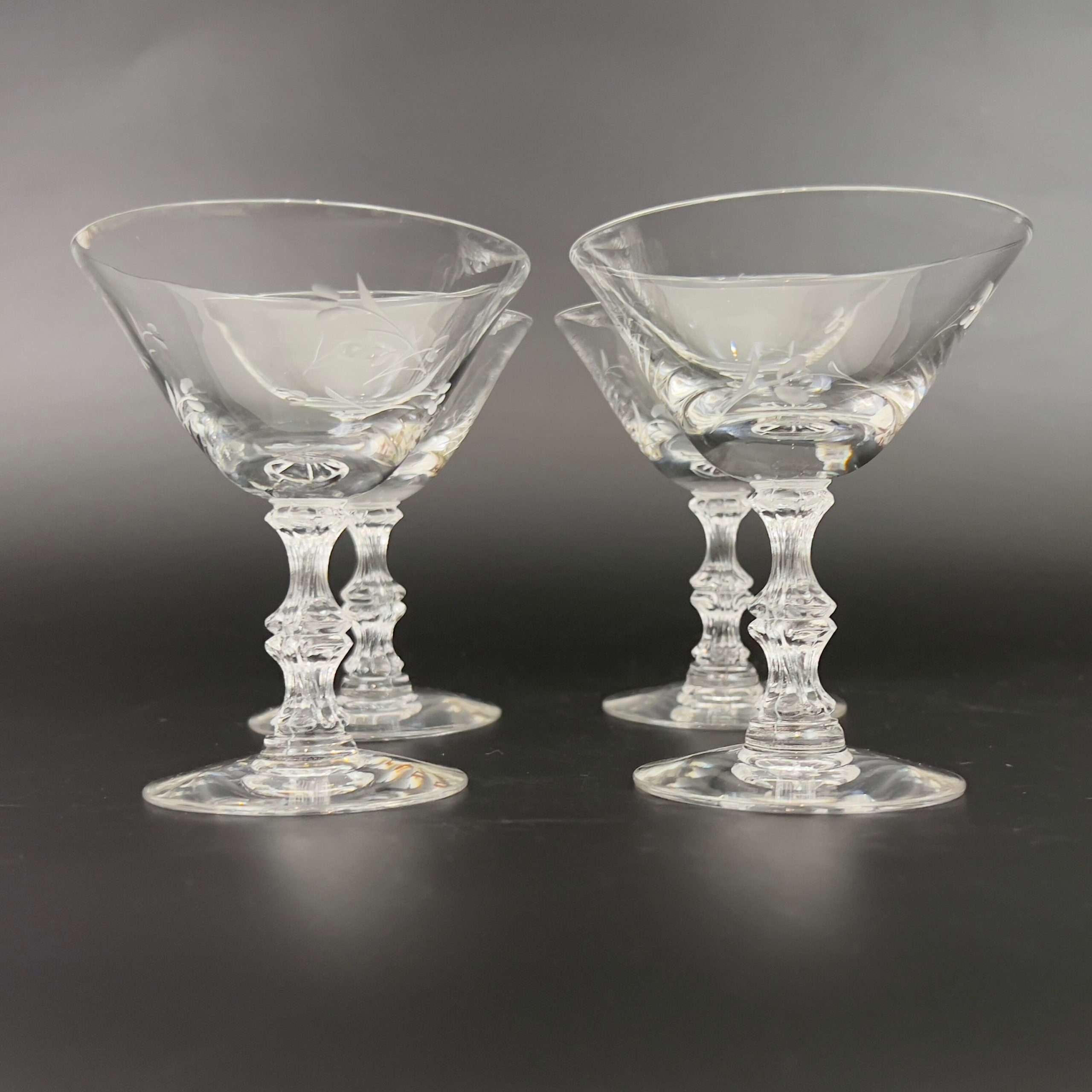 Vintage Duncan & Miller Champagne Coupes: Petite Pattern, Etched Floral Stem (Set of 4) - Image 5