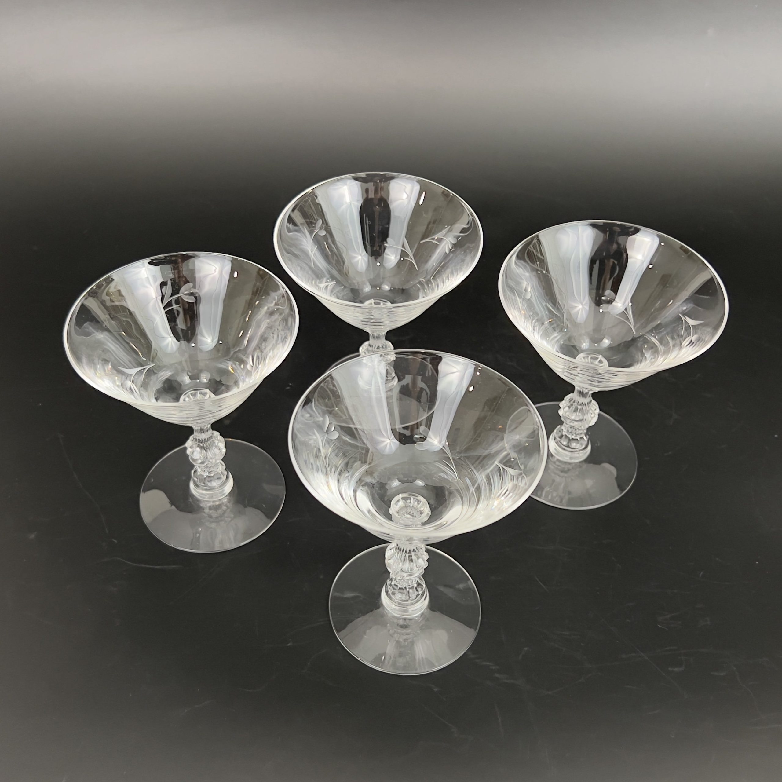 Vintage Duncan & Miller Champagne Coupes: Petite Pattern, Etched Floral Stem (Set of 4) - Image 6
