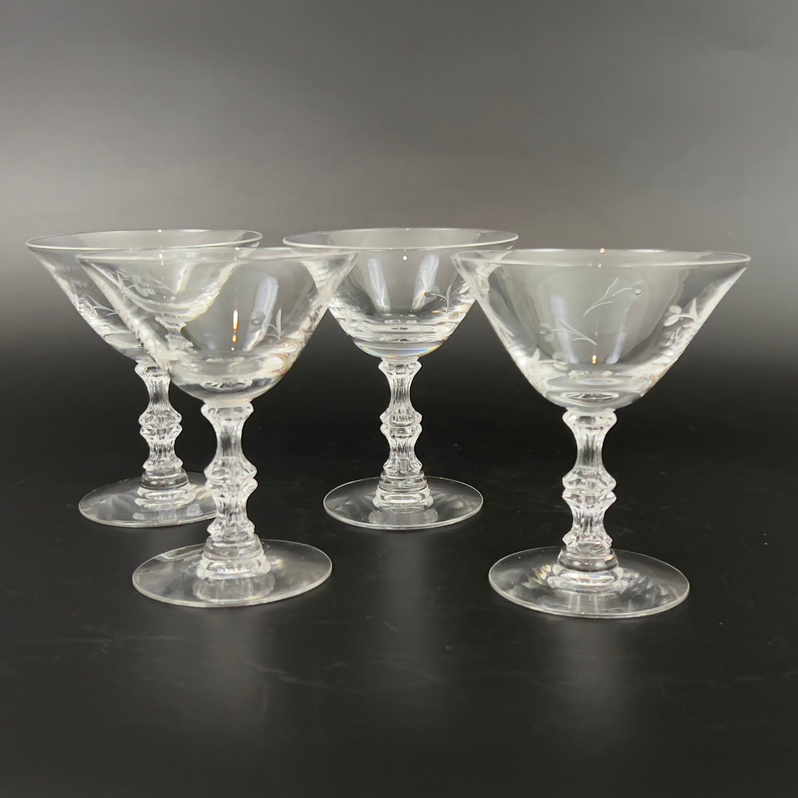 Vintage Duncan & Miller Champagne Coupes: Petite Pattern, Etched Floral Stem (Set of 4) - Image 8