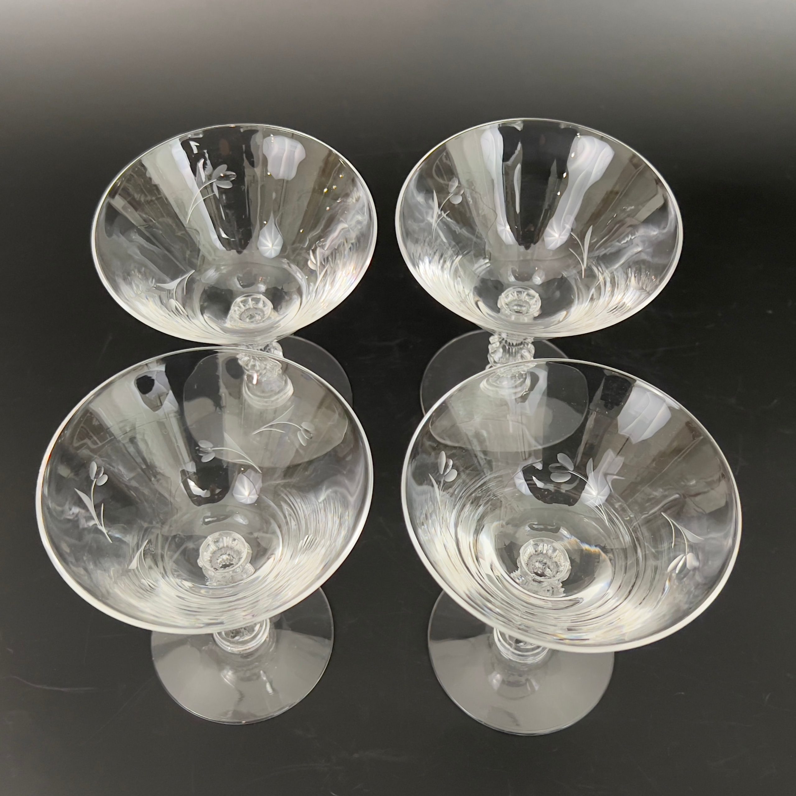 Vintage Duncan & Miller Champagne Coupes: Petite Pattern, Etched Floral Stem (Set of 4) - Image 11