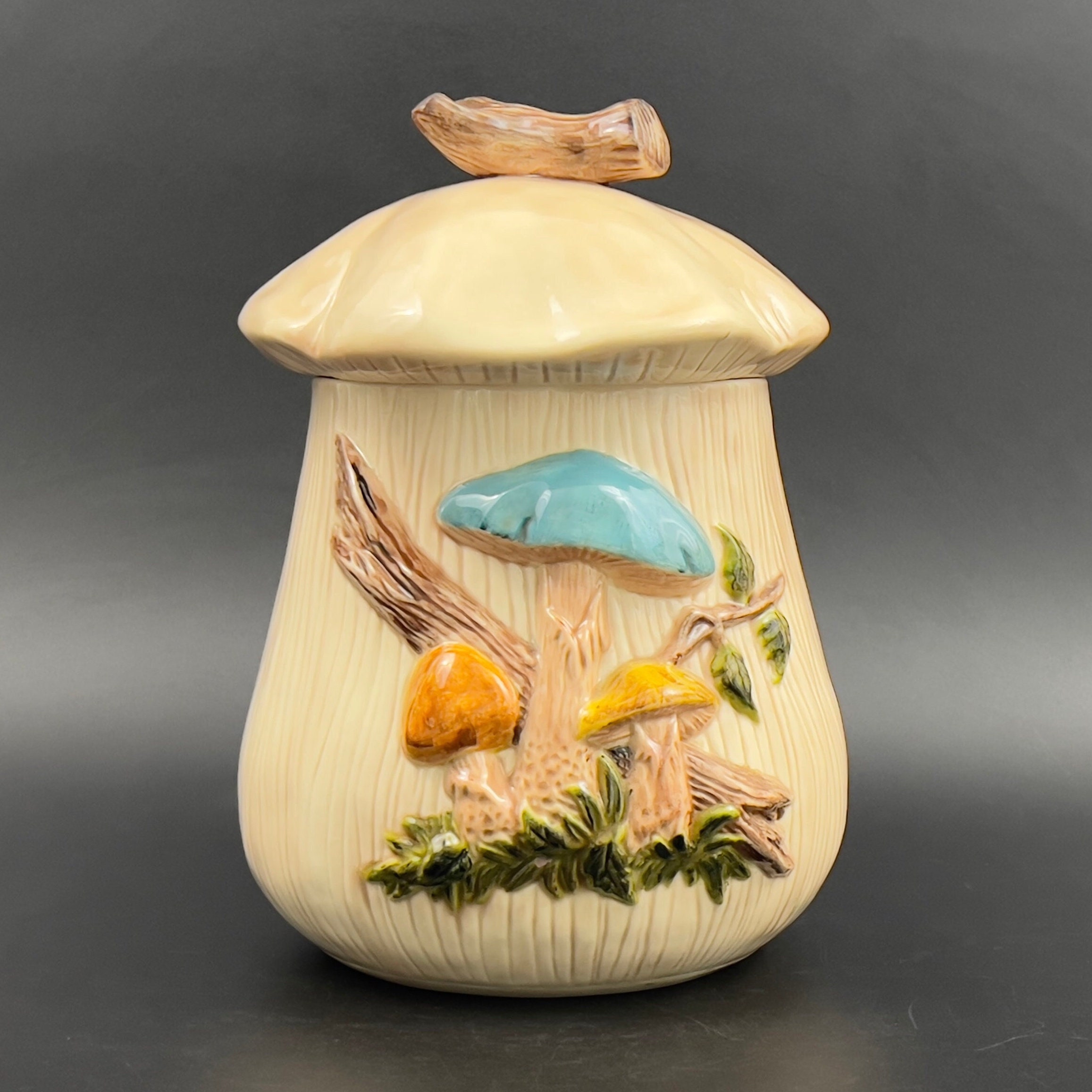 Vintage 1970s Ceramic Mushroom Cookie Jar with Lid