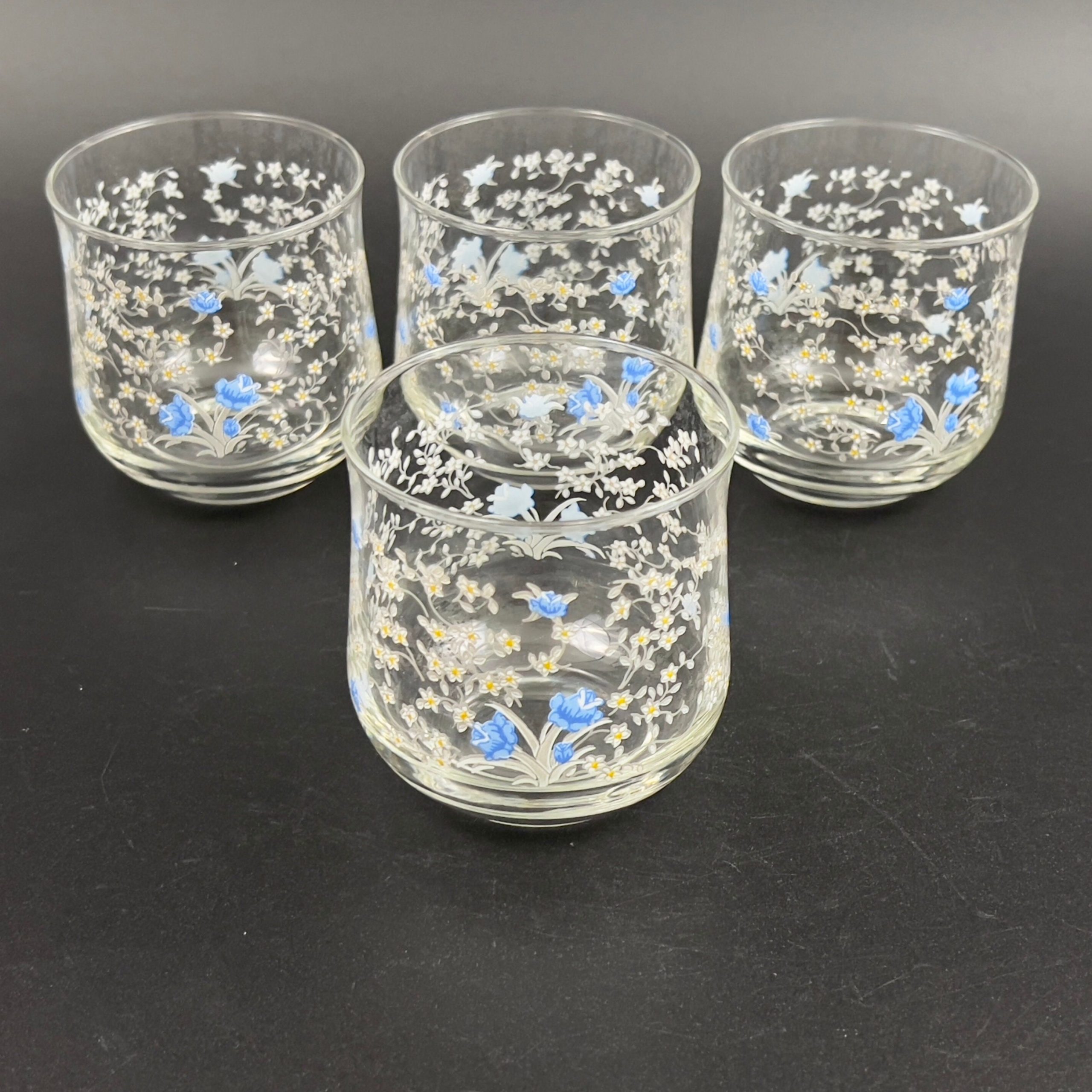 Vintage Arcopal France Old Fashioned Glasses: Blue Floral Romantique Pattern, Set of 4 - Image 4