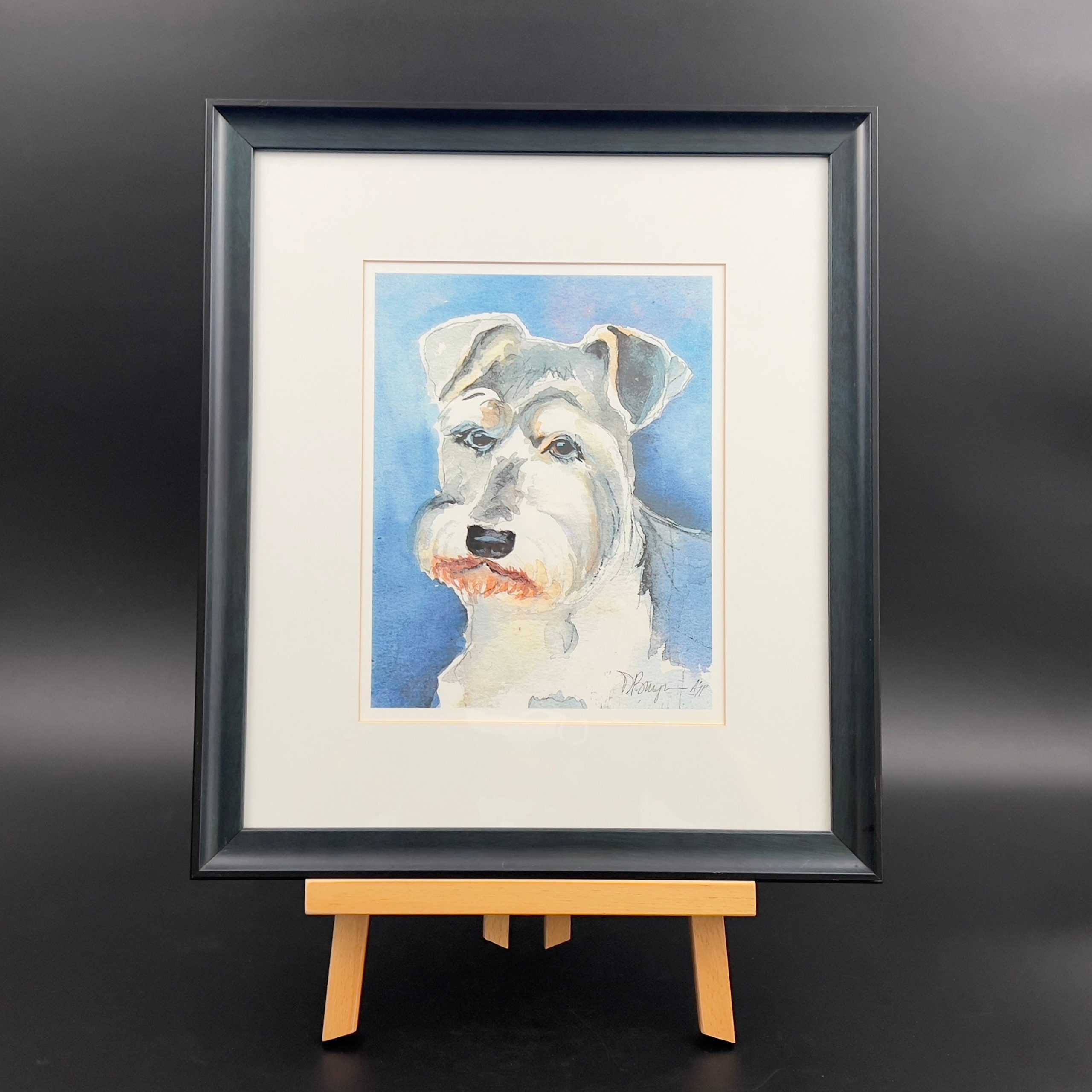 Framed Schnauzer Dog Watercolor Portrait: Signed Artist's Proof Print