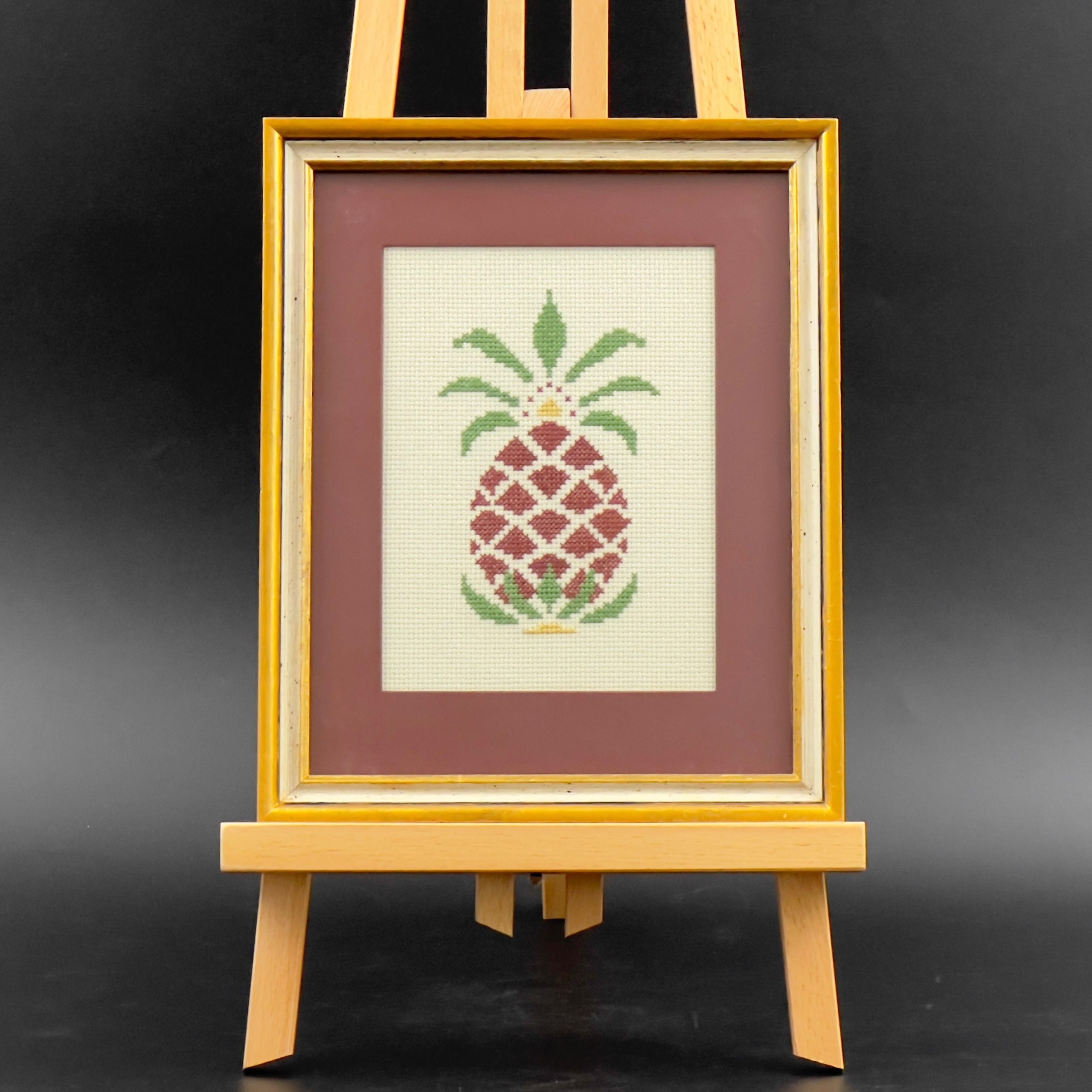Vintage Pineapple Needlepoint in Gold Frame: 1980s Framed Art