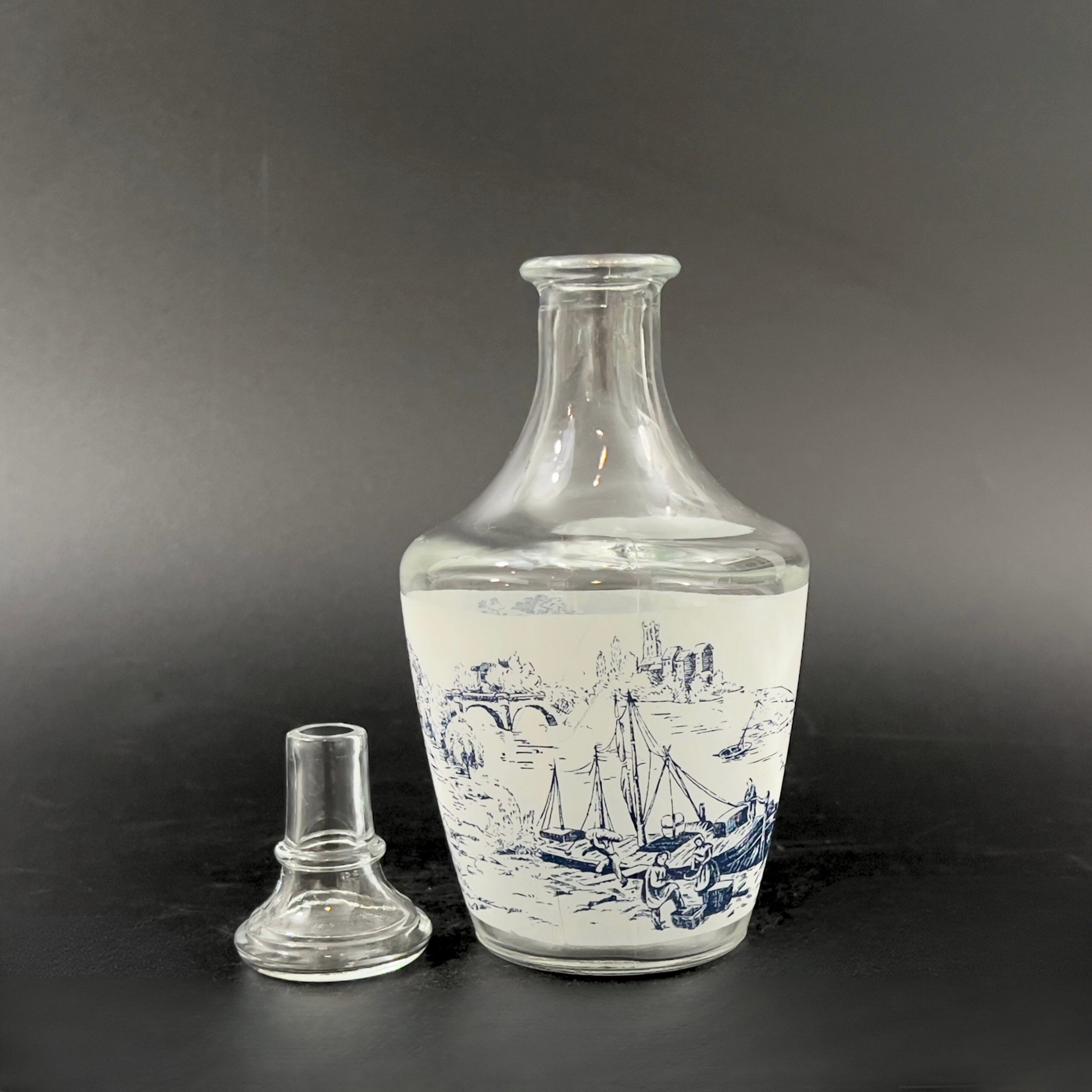 Vintage French Whiskey Decanter & Shot Glass Set: Blue Toile Barware - Image 8