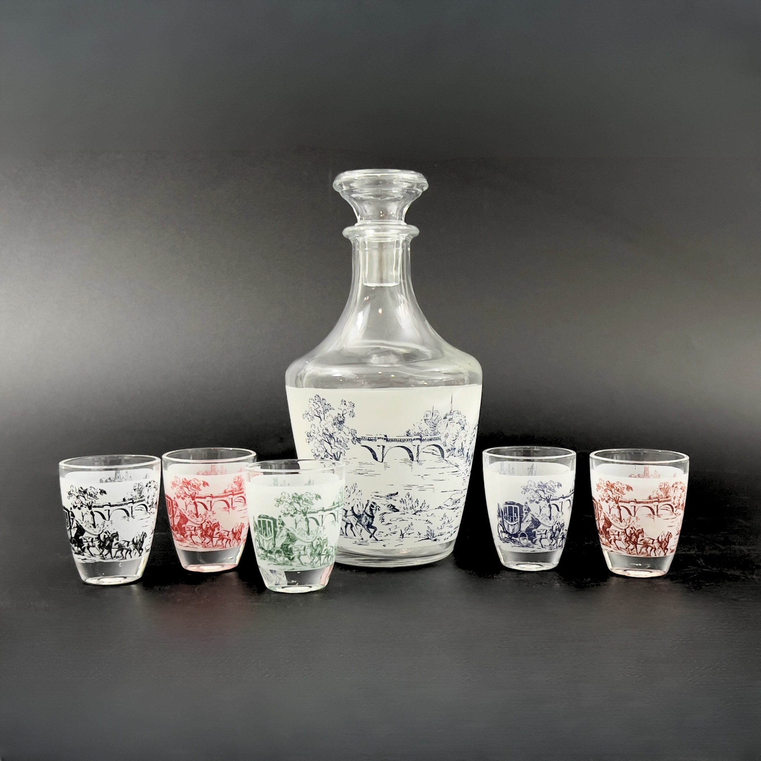 Vintage French Whiskey Decanter & Shot Glass Set: Blue Toile Barware - Image 4
