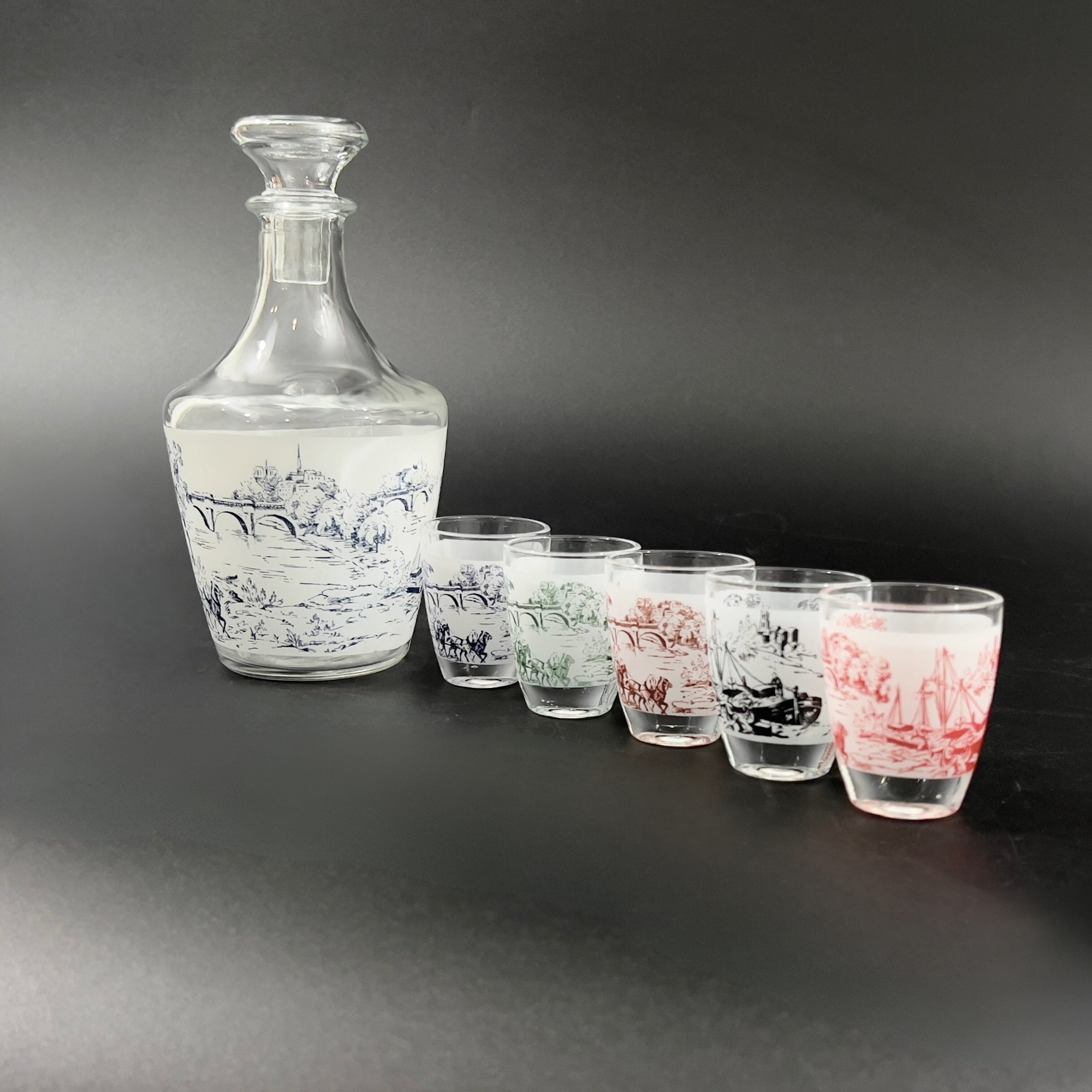 Vintage French Whiskey Decanter & Shot Glass Set: Blue Toile Barware - Image 3