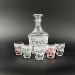 Vintage French Whiskey Decanter & Shot Glass Set: Blue Toile Barware