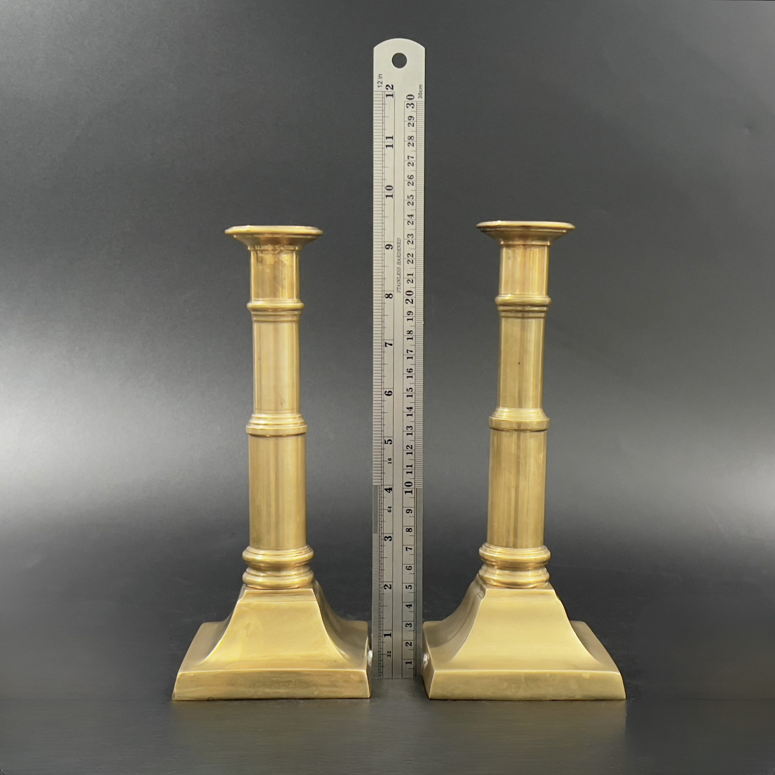 Antique Solid Brass Candlesticks: Federal Style Columnar Pair - Image 10