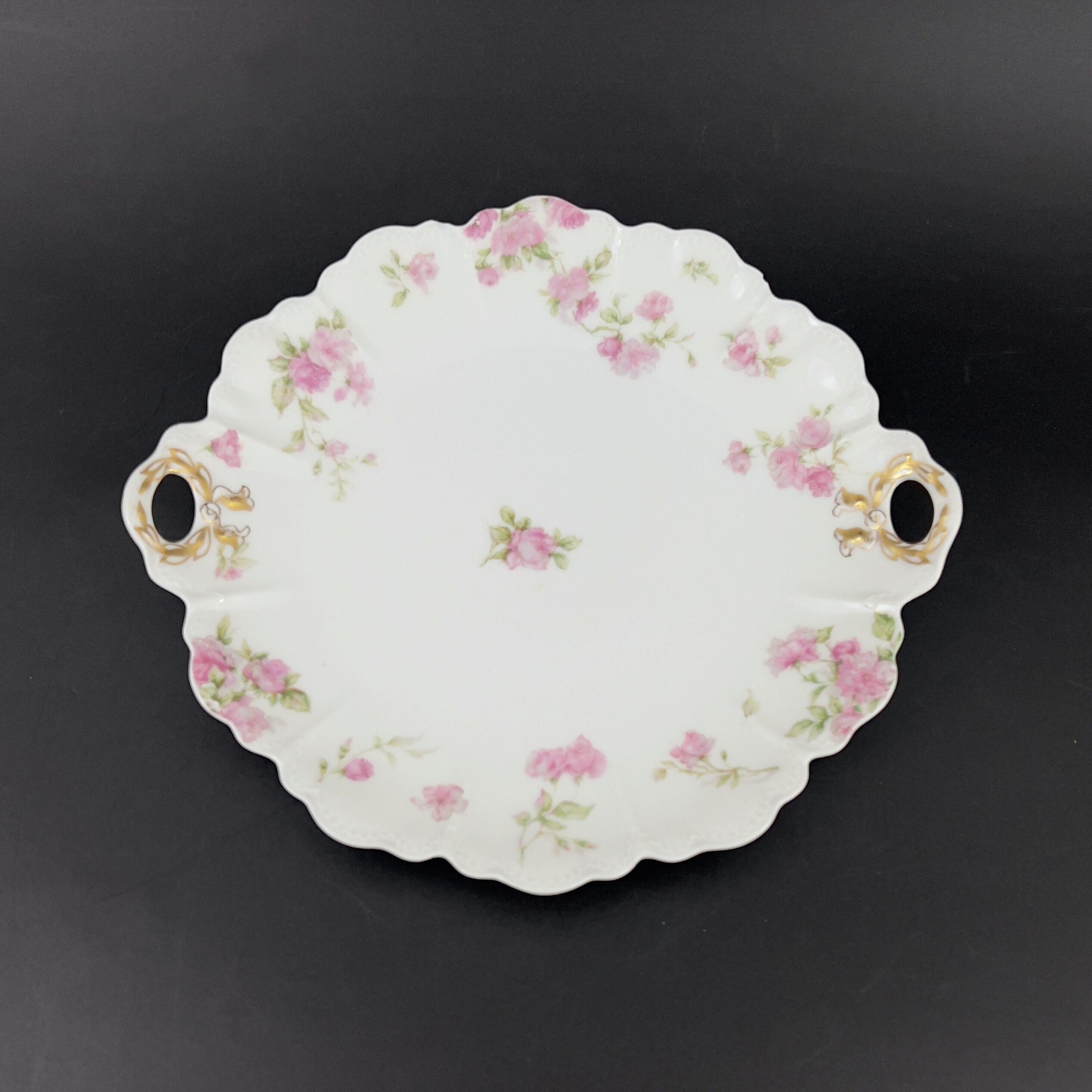 Antique Haviland Limoges Cake Plate: Pink Roses, Gold Laurel Handles