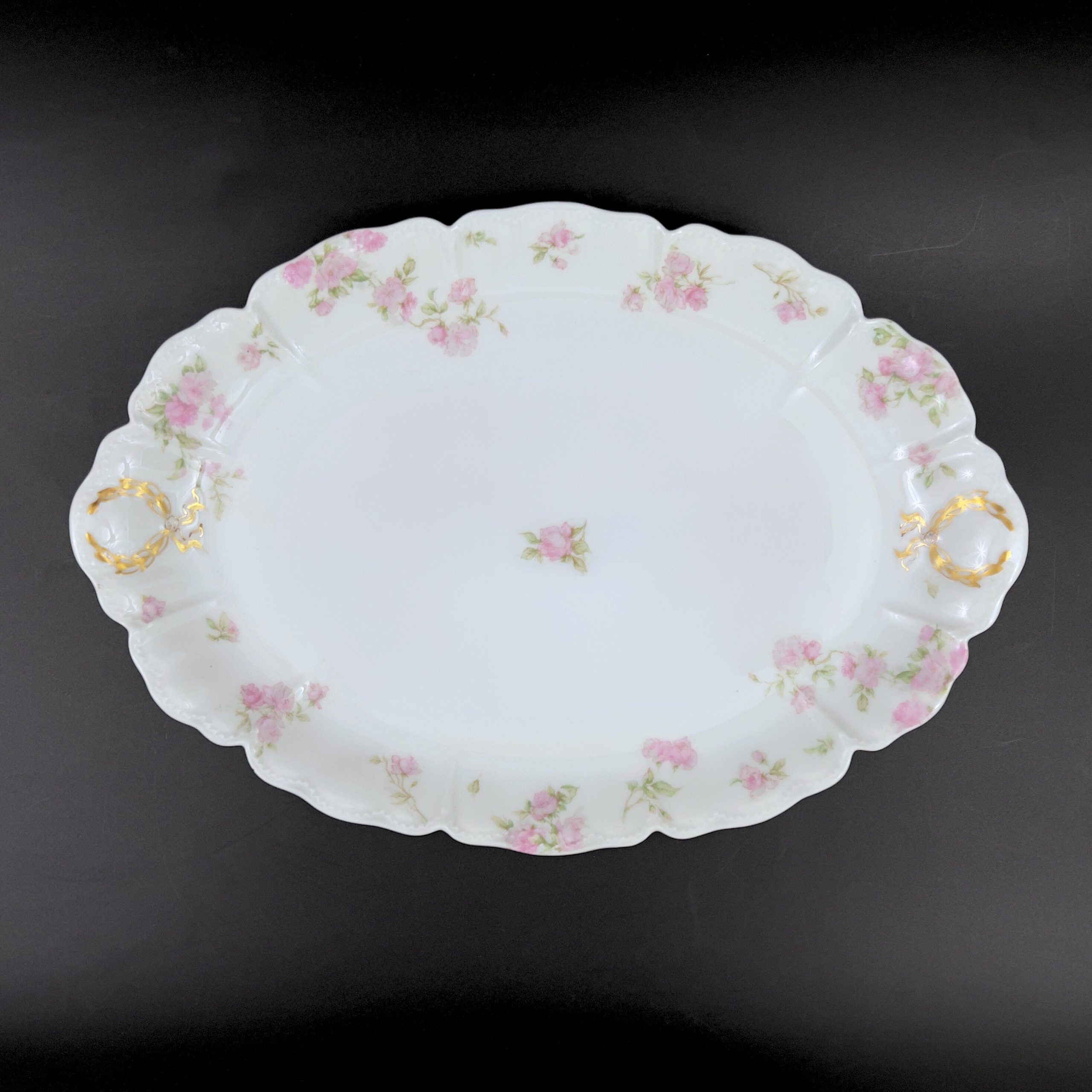 Antique Haviland Limoges Platter: 16" Oval, Pink Roses, Gold Laurel - Image 3