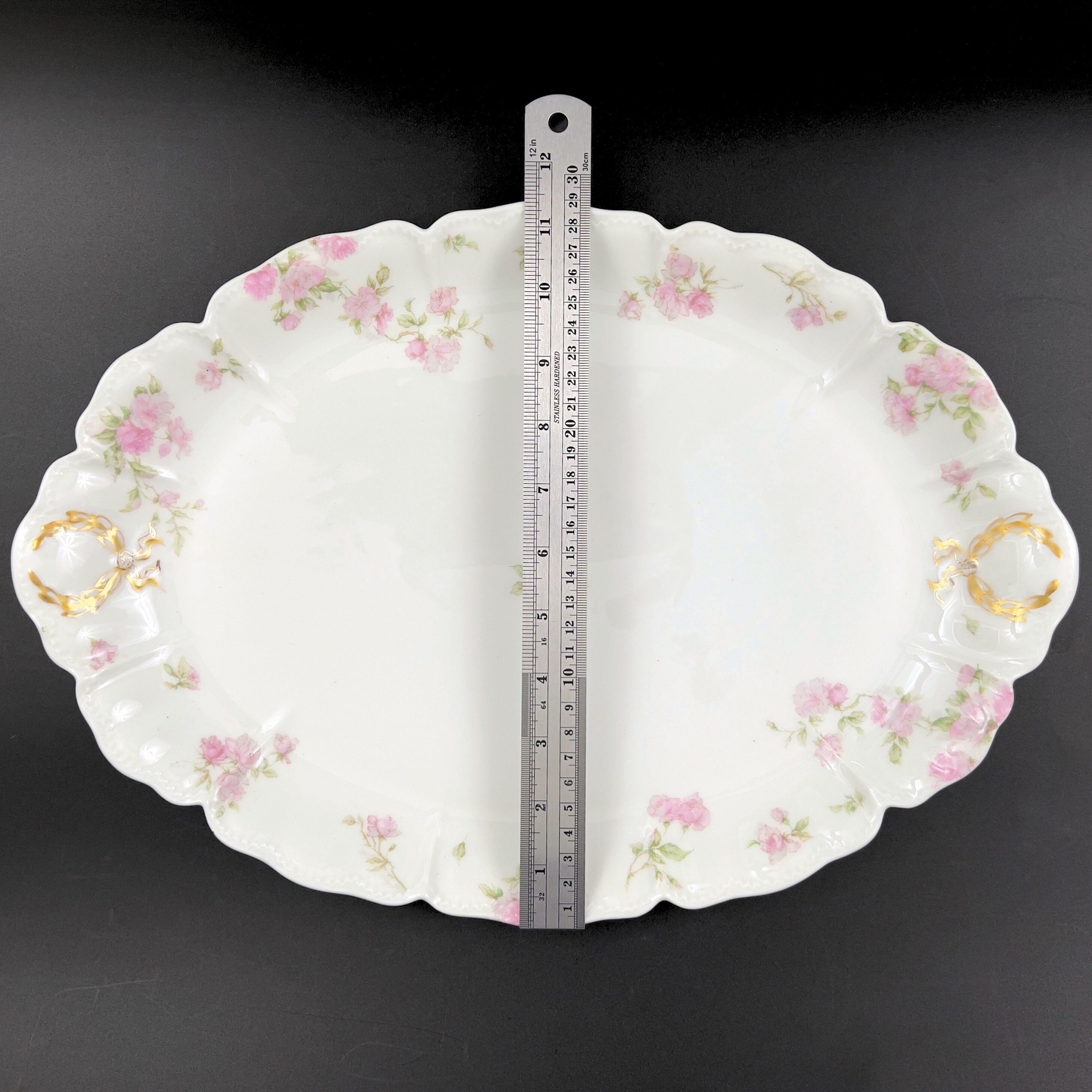 Antique Haviland Limoges Platter: 16" Oval, Pink Roses, Gold Laurel - Image 11