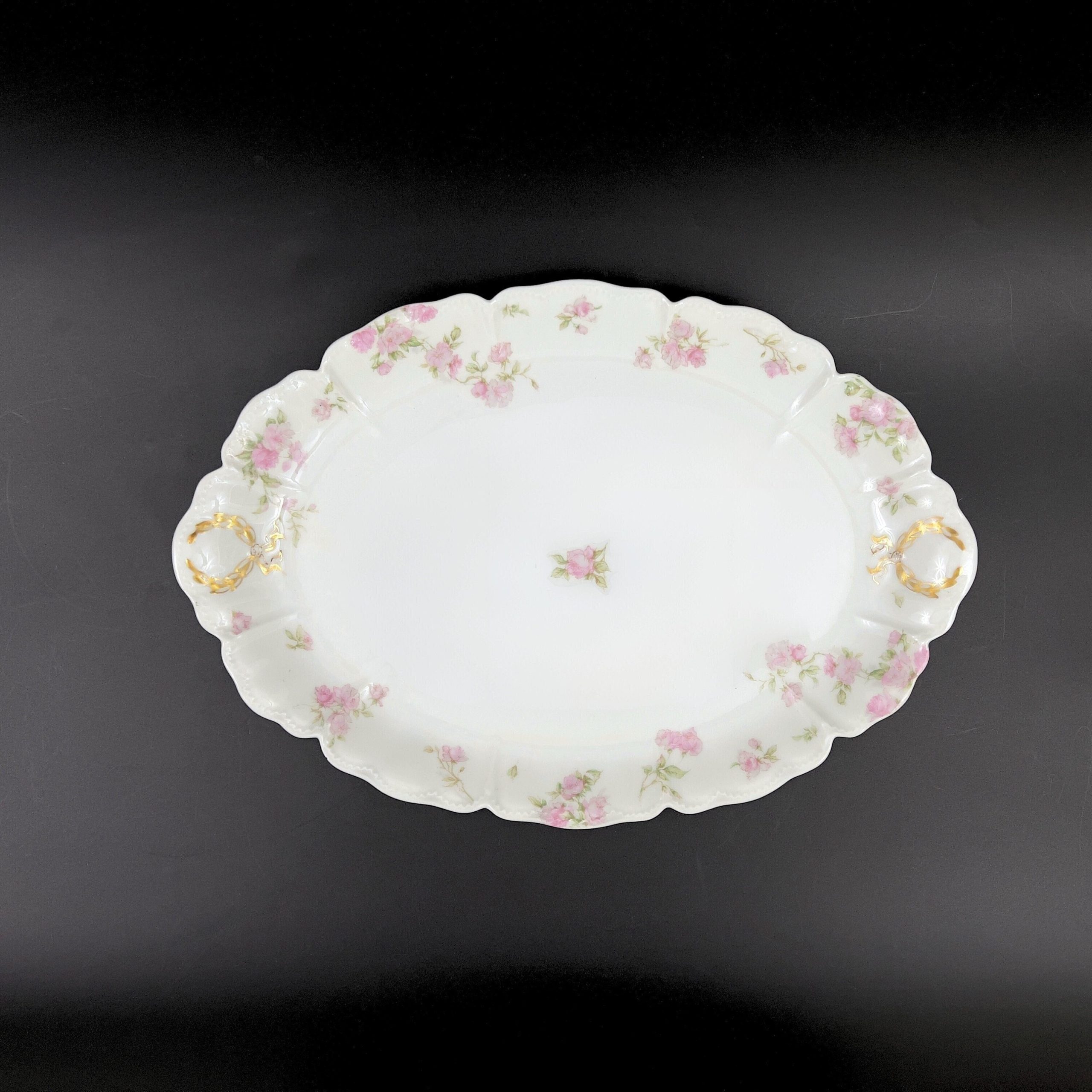 Antique Haviland Limoges Platter: 16" Oval, Pink Roses, Gold Laurel