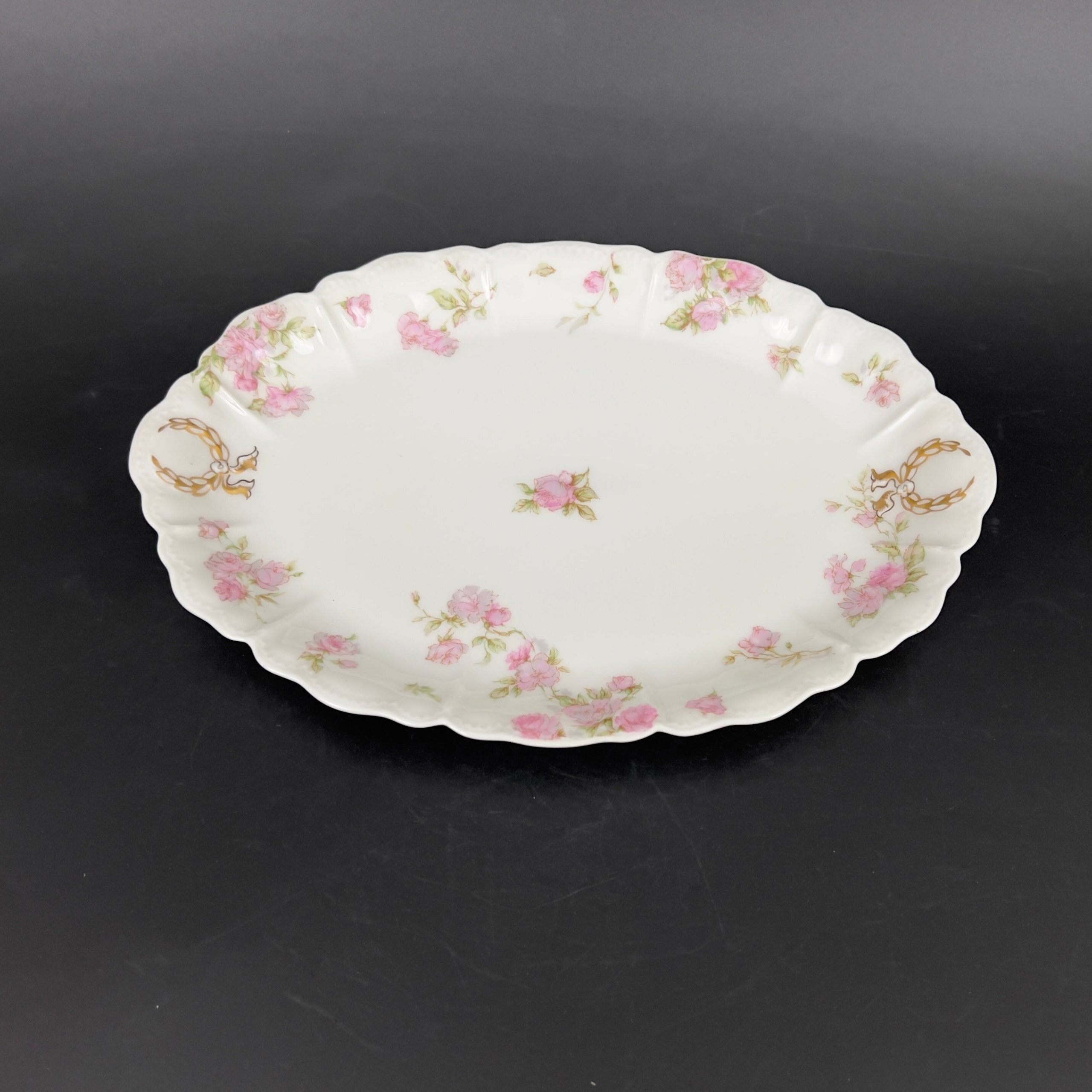 Antique Haviland Limoges Platter: Pink Roses, Gold Laurel Wreaths (12 inch)