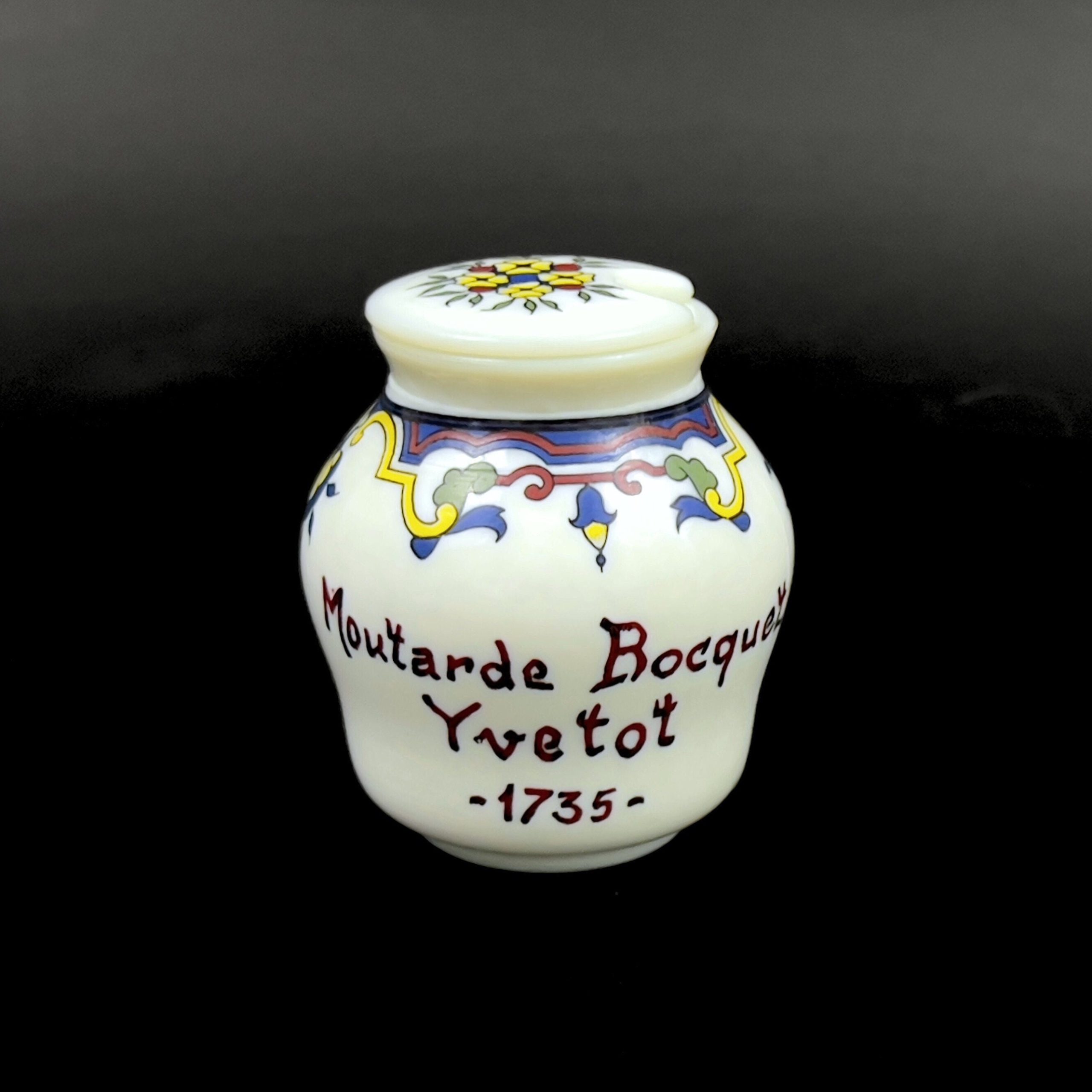 Vintage French Milk Glass Mustard Jar: Moutarde Bocquet Yvetot 1735 - Image 5