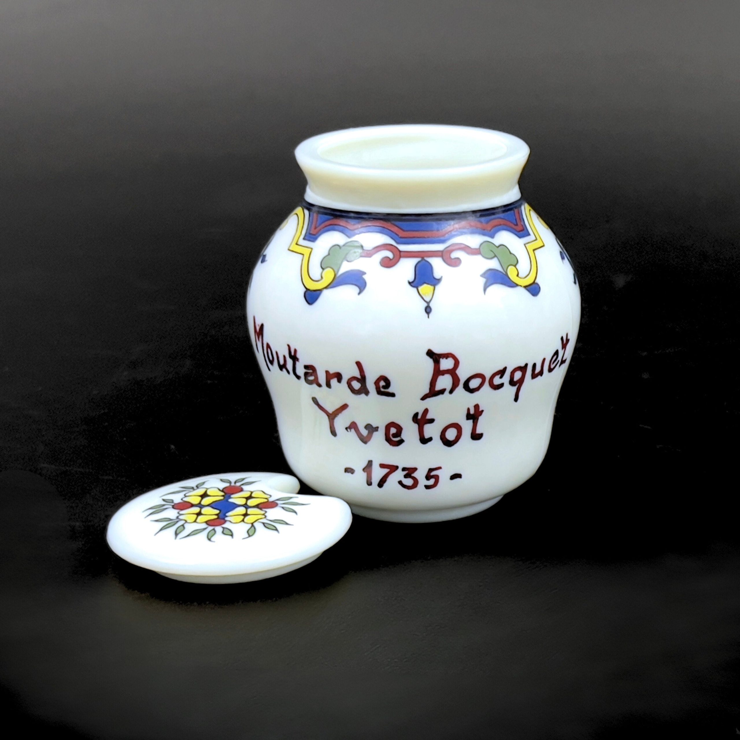 Vintage French Milk Glass Mustard Jar: Moutarde Bocquet Yvetot 1735