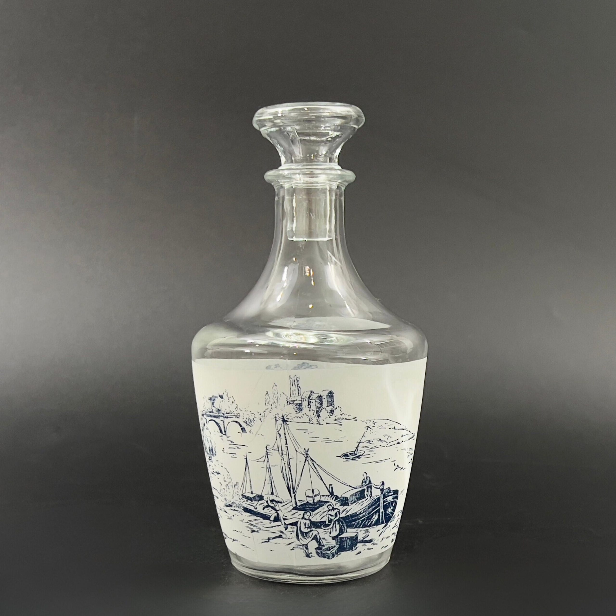 Vintage French Whiskey Decanter & Shot Glass Set: Blue Toile Barware - Image 6