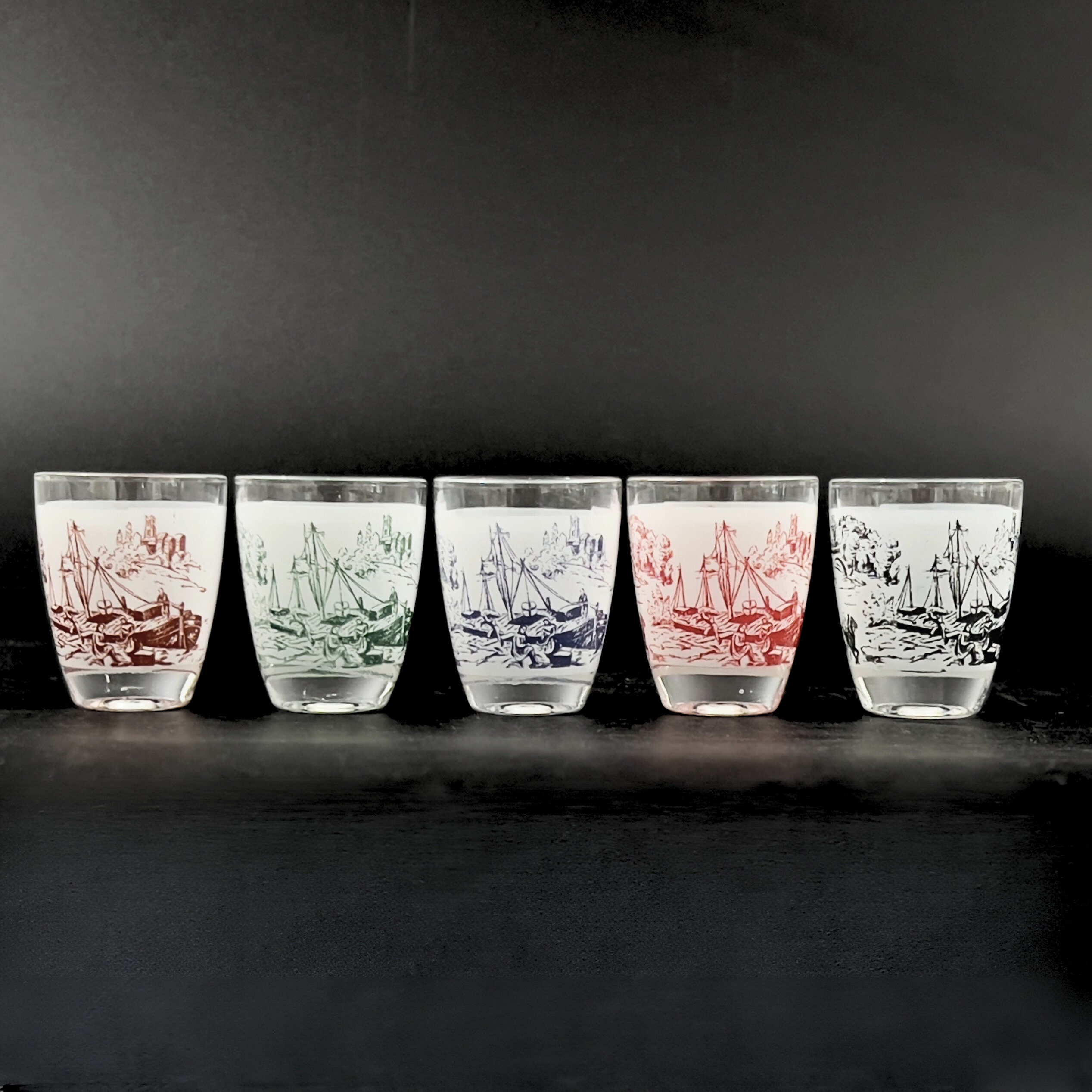 Vintage French Whiskey Decanter & Shot Glass Set: Blue Toile Barware - Image 7