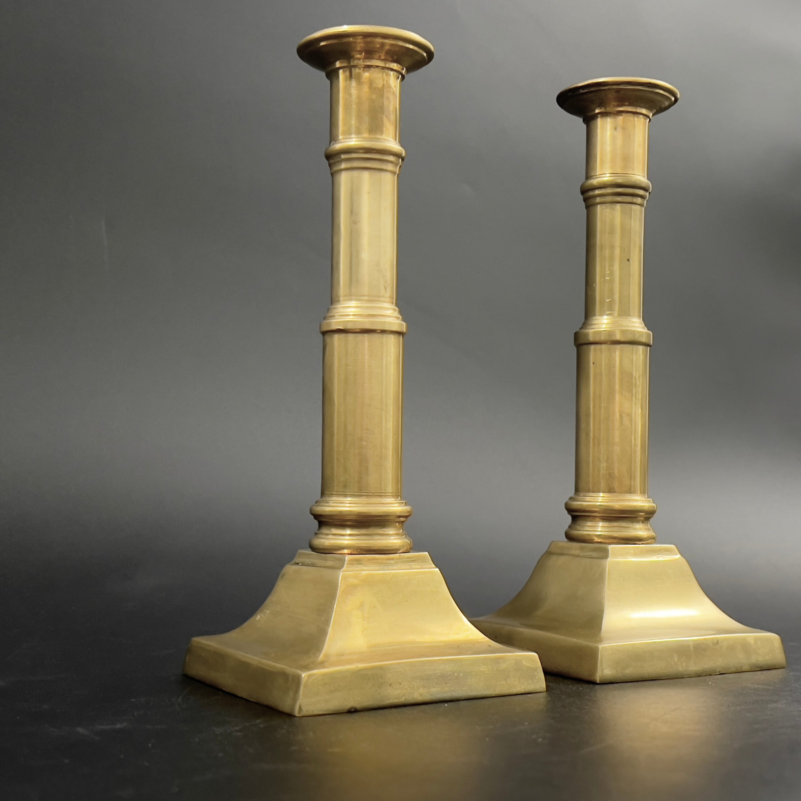 Antique Solid Brass Candlesticks: Federal Style Columnar Pair - Image 3