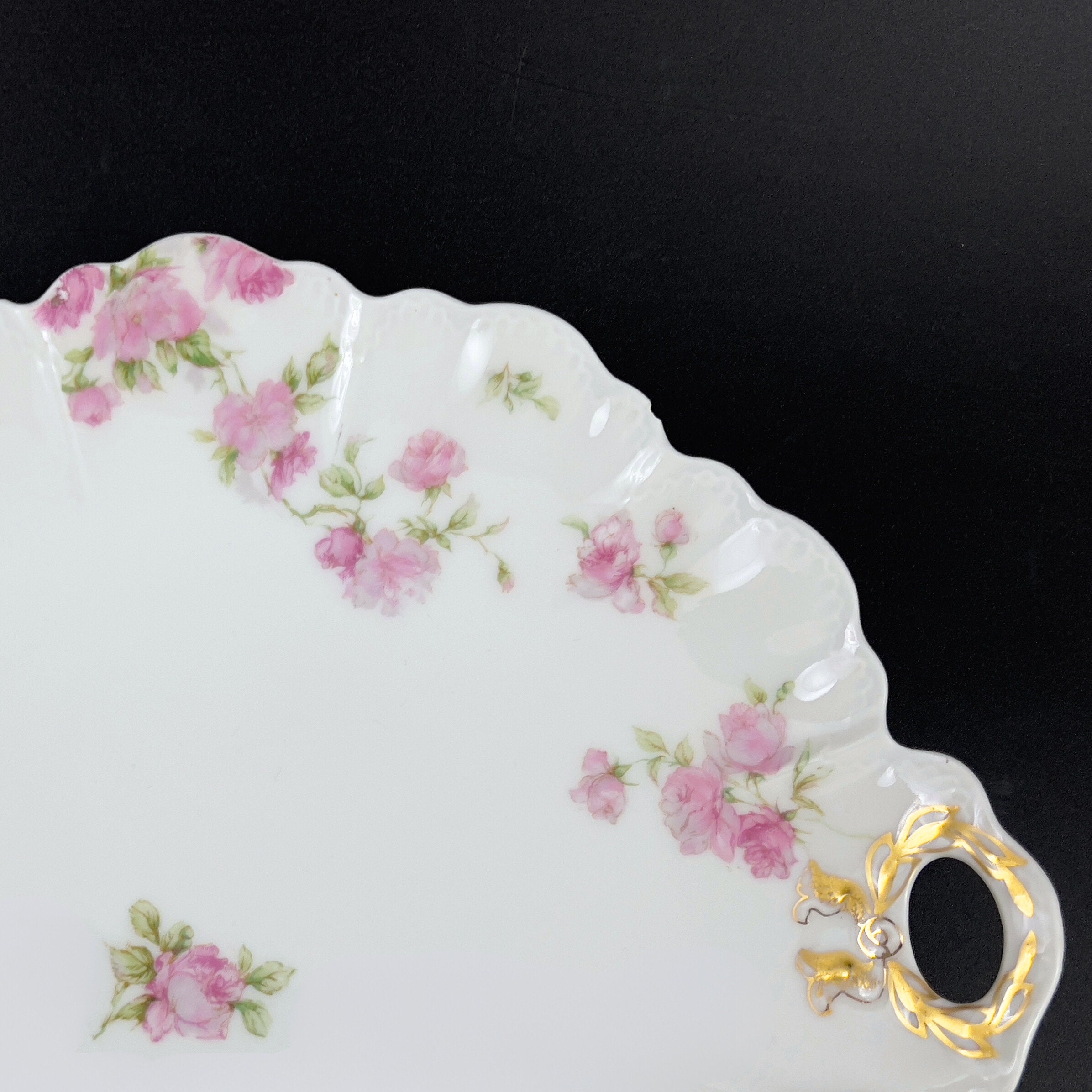 Antique Haviland Limoges Cake Plate: Pink Roses, Gold Laurel Handles - Image 3