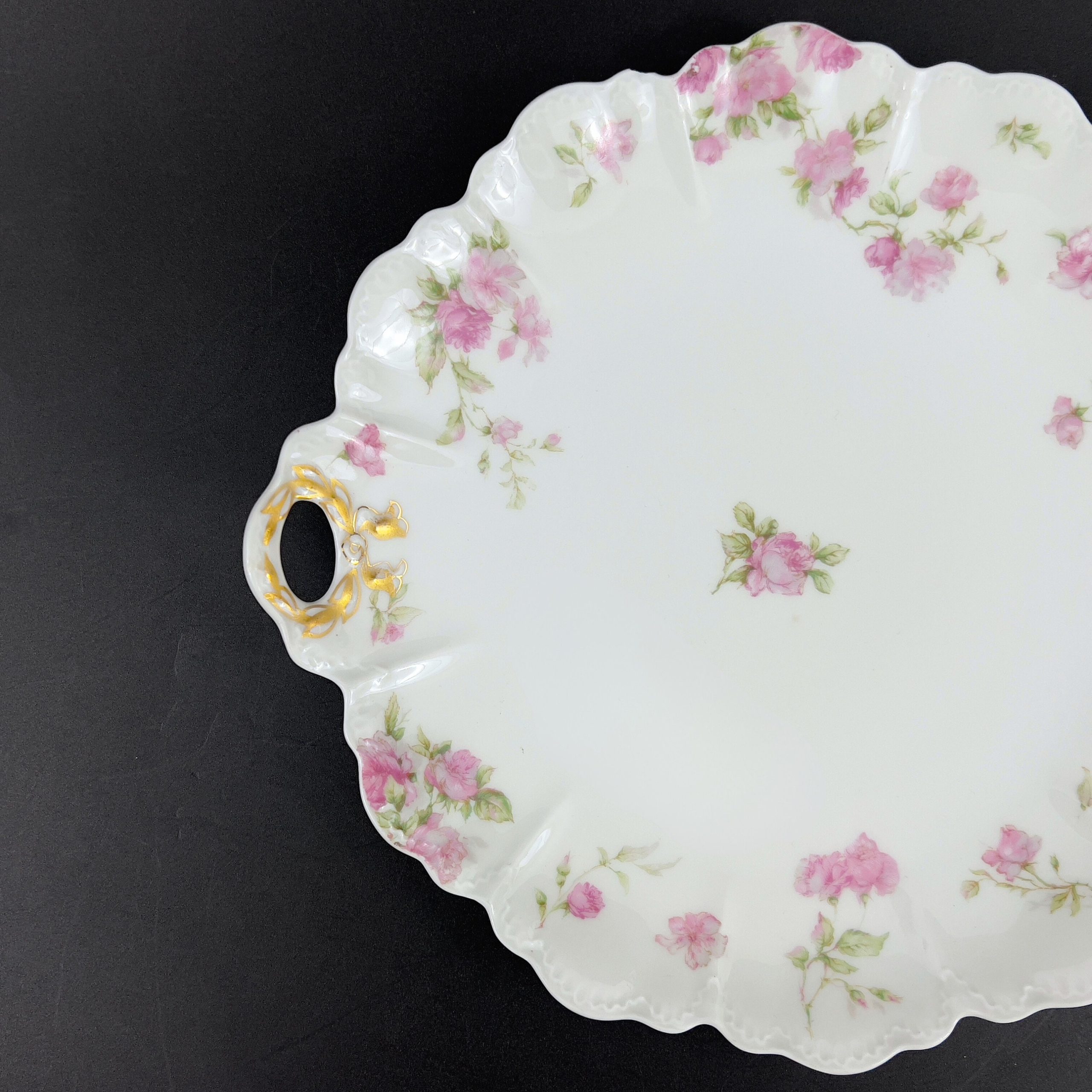Antique Haviland Limoges Cake Plate: Pink Roses, Gold Laurel Handles - Image 4