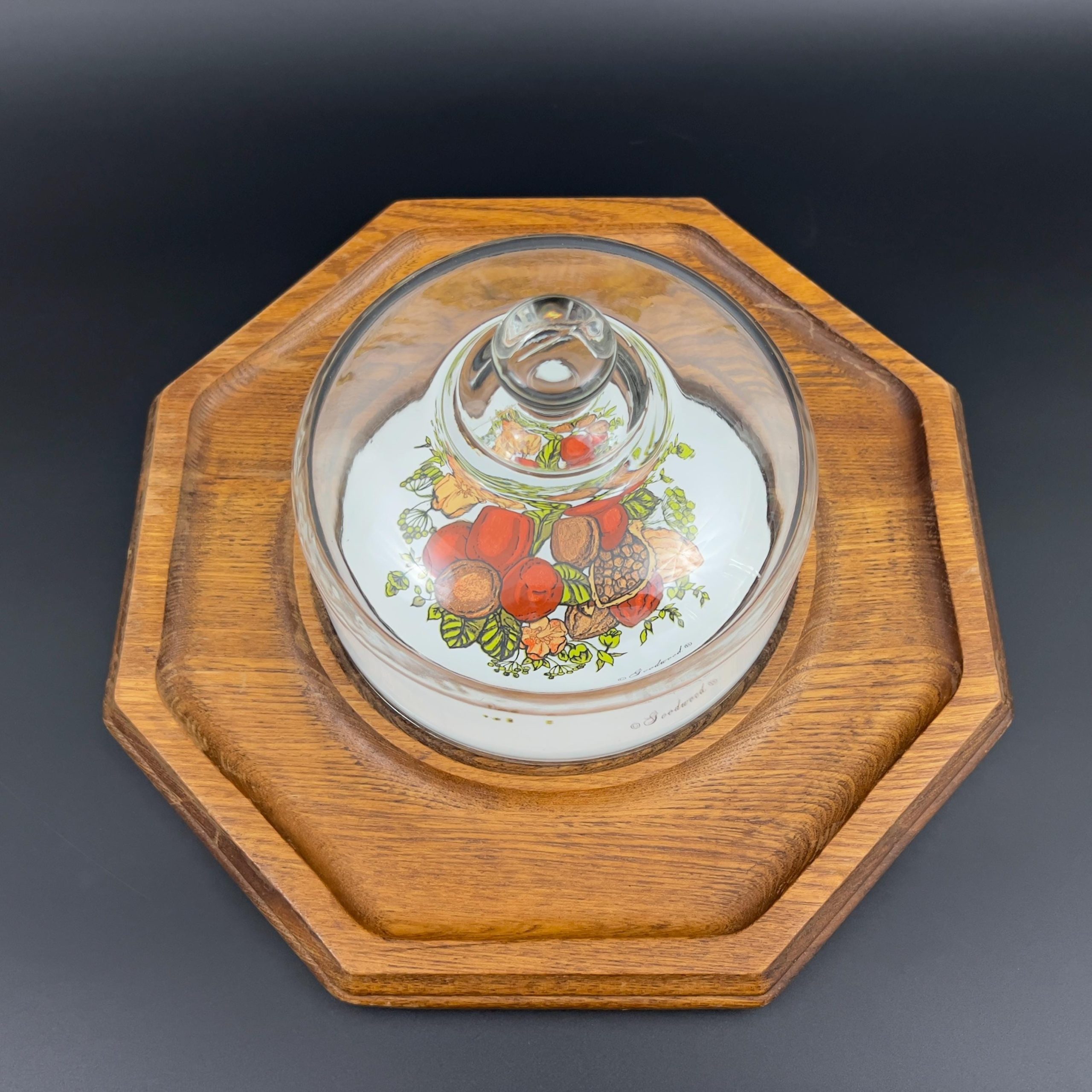 Vintage Mid-Century Modern Cheese Board: Oak Tray with Glass Dome - Image 6