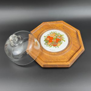 Vintage Mid-Century Modern Cheese Board: Oak Tray with Glass Dome