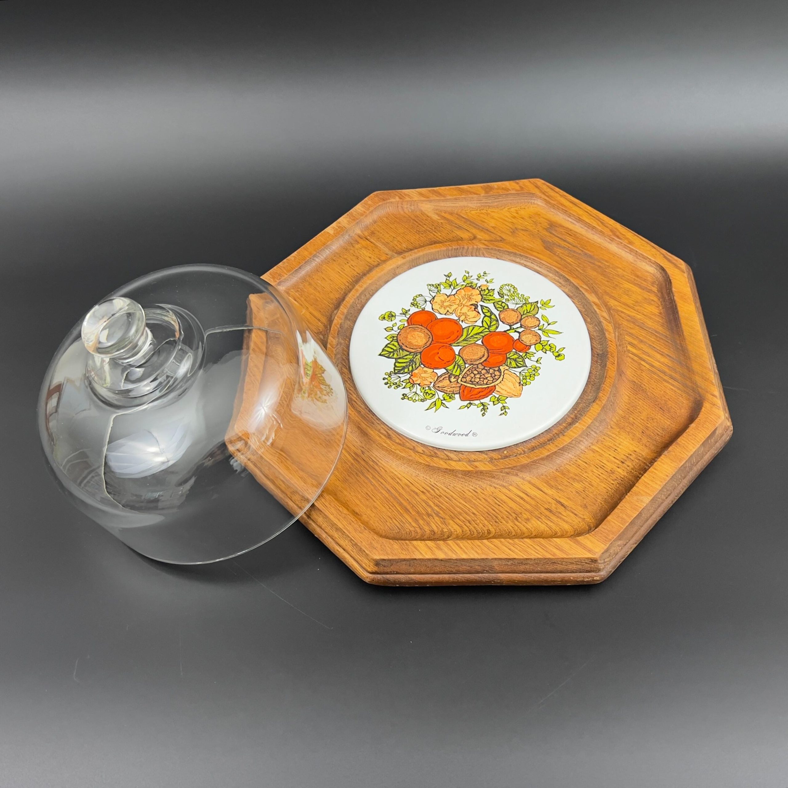 Vintage Mid-Century Modern Cheese Board: Oak Tray with Glass Dome