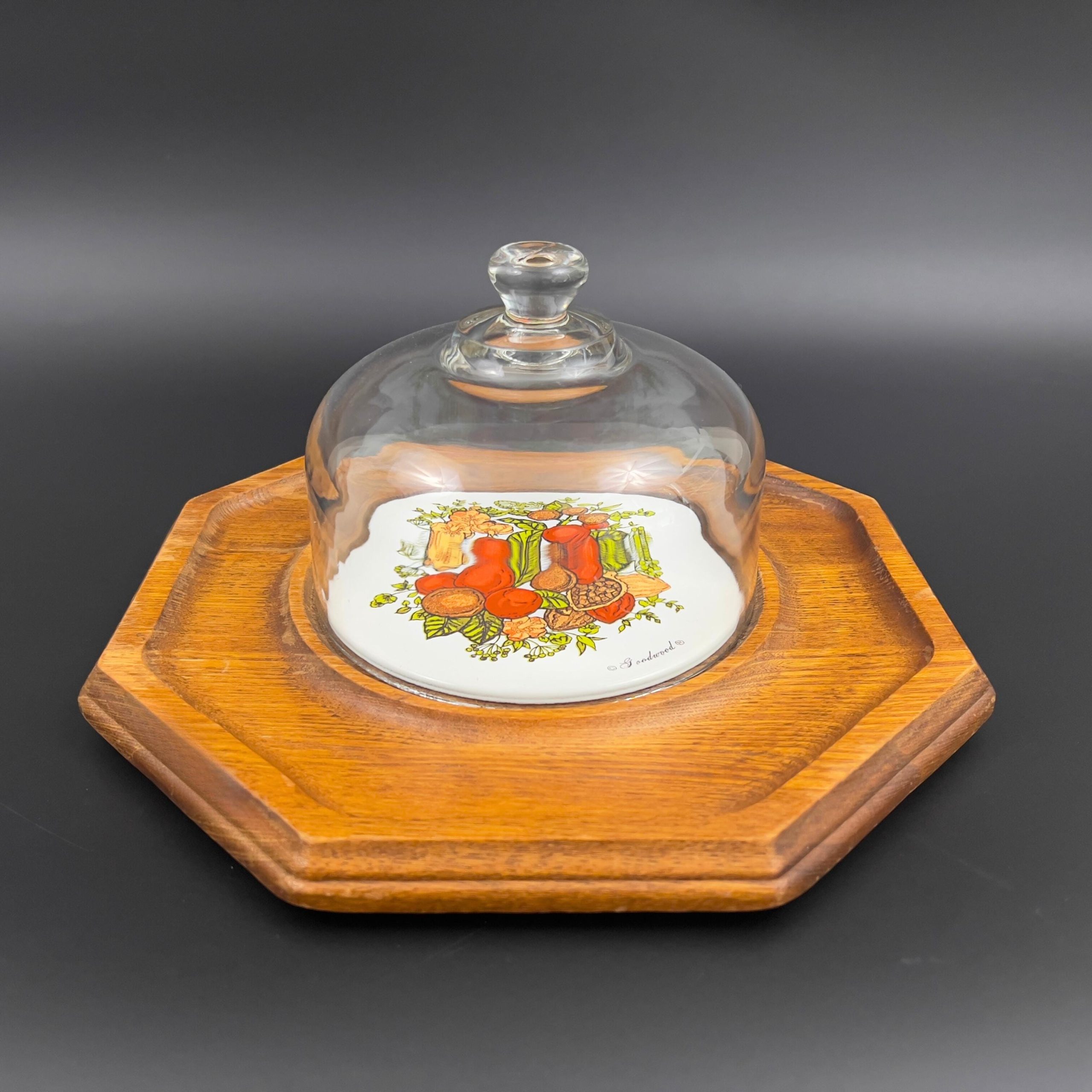 Vintage Mid-Century Modern Cheese Board: Oak Tray with Glass Dome - Image 3