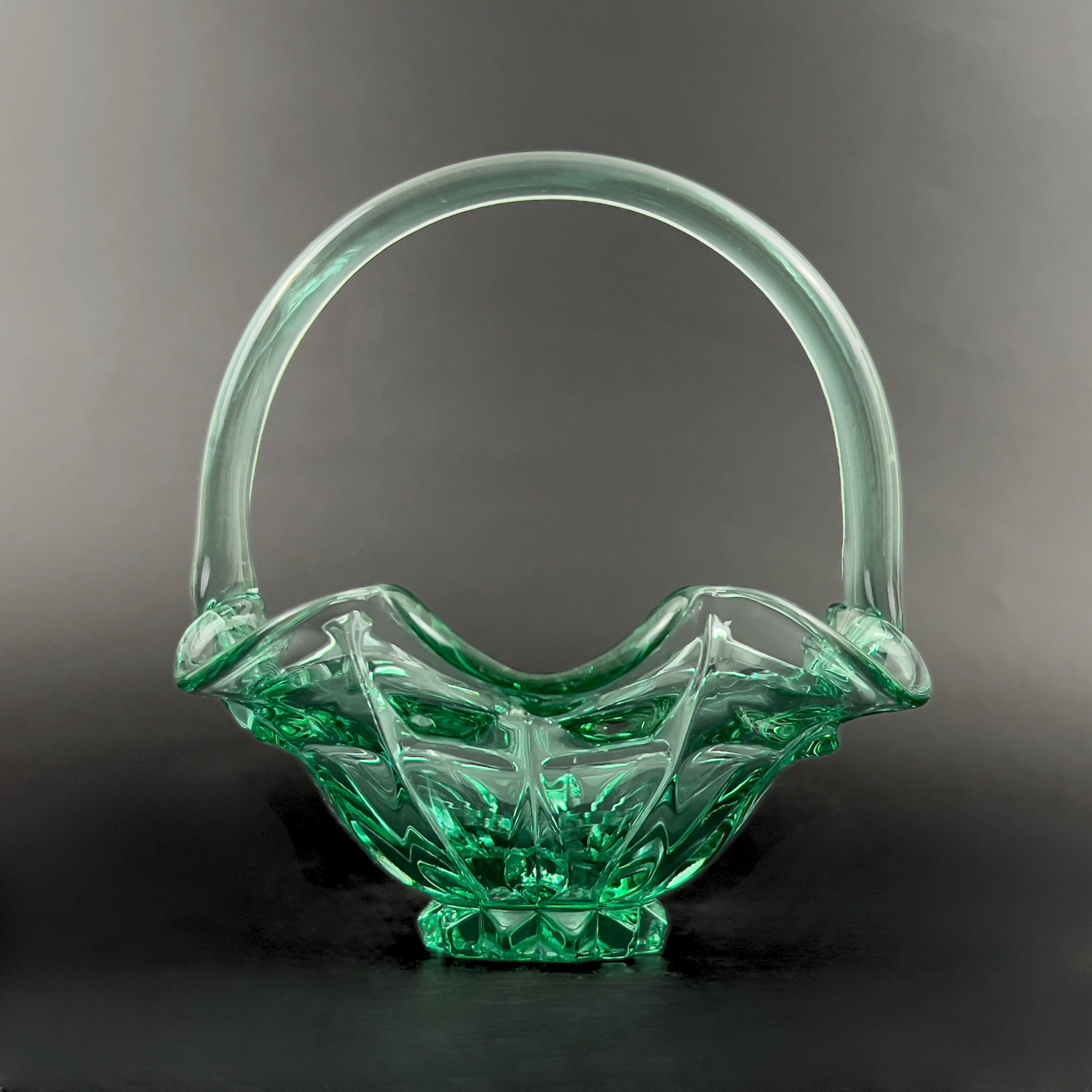 Vintage Fenton Sea Mist Green Glass Basket, 1992 Ruffle Edge