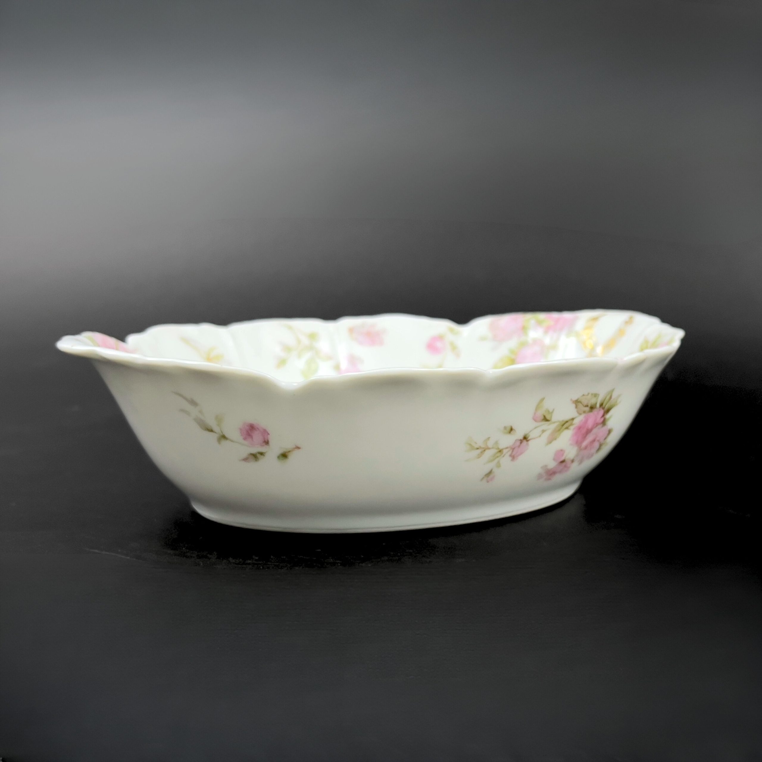 Antique Haviland Limoges Oval Bowl: Pink Roses, Gold Laurel Wreaths