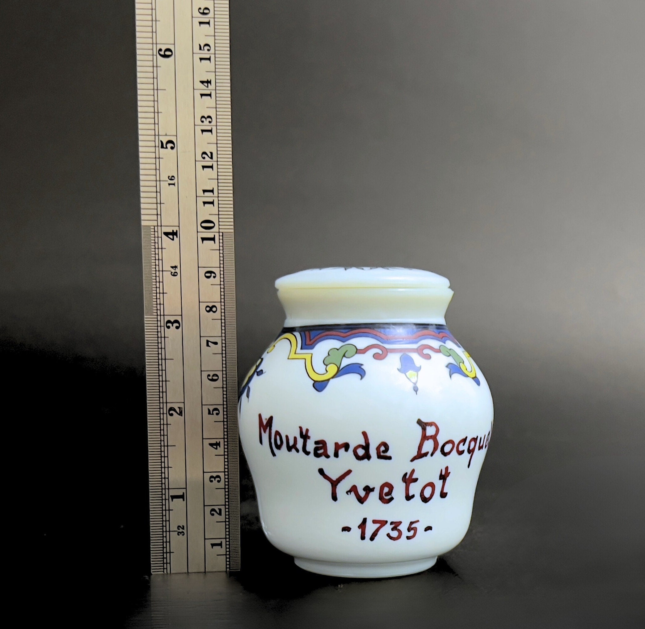 Vintage French Milk Glass Mustard Jar: Moutarde Bocquet Yvetot 1735 - Image 9
