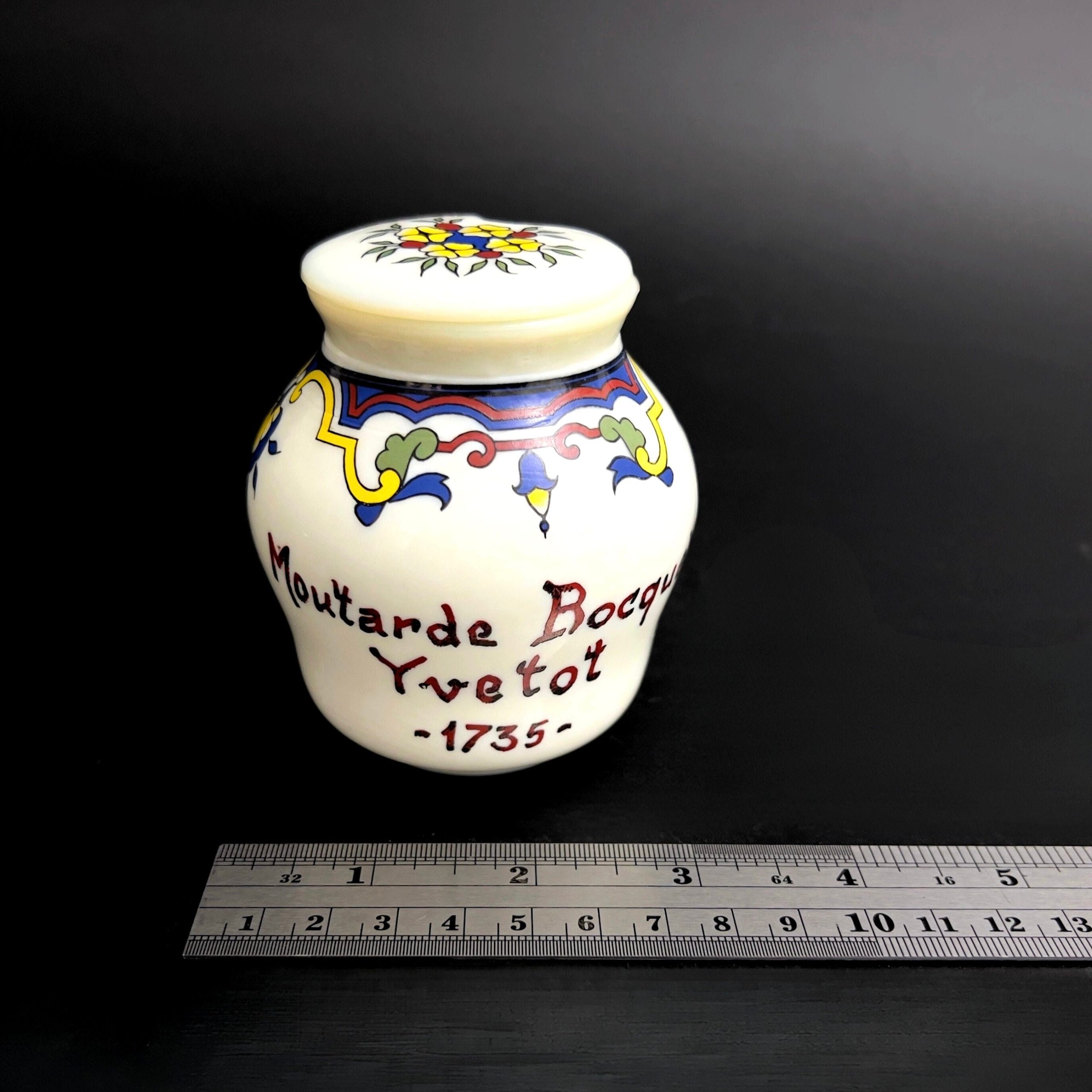 Vintage French Milk Glass Mustard Jar: Moutarde Bocquet Yvetot 1735 - Image 10
