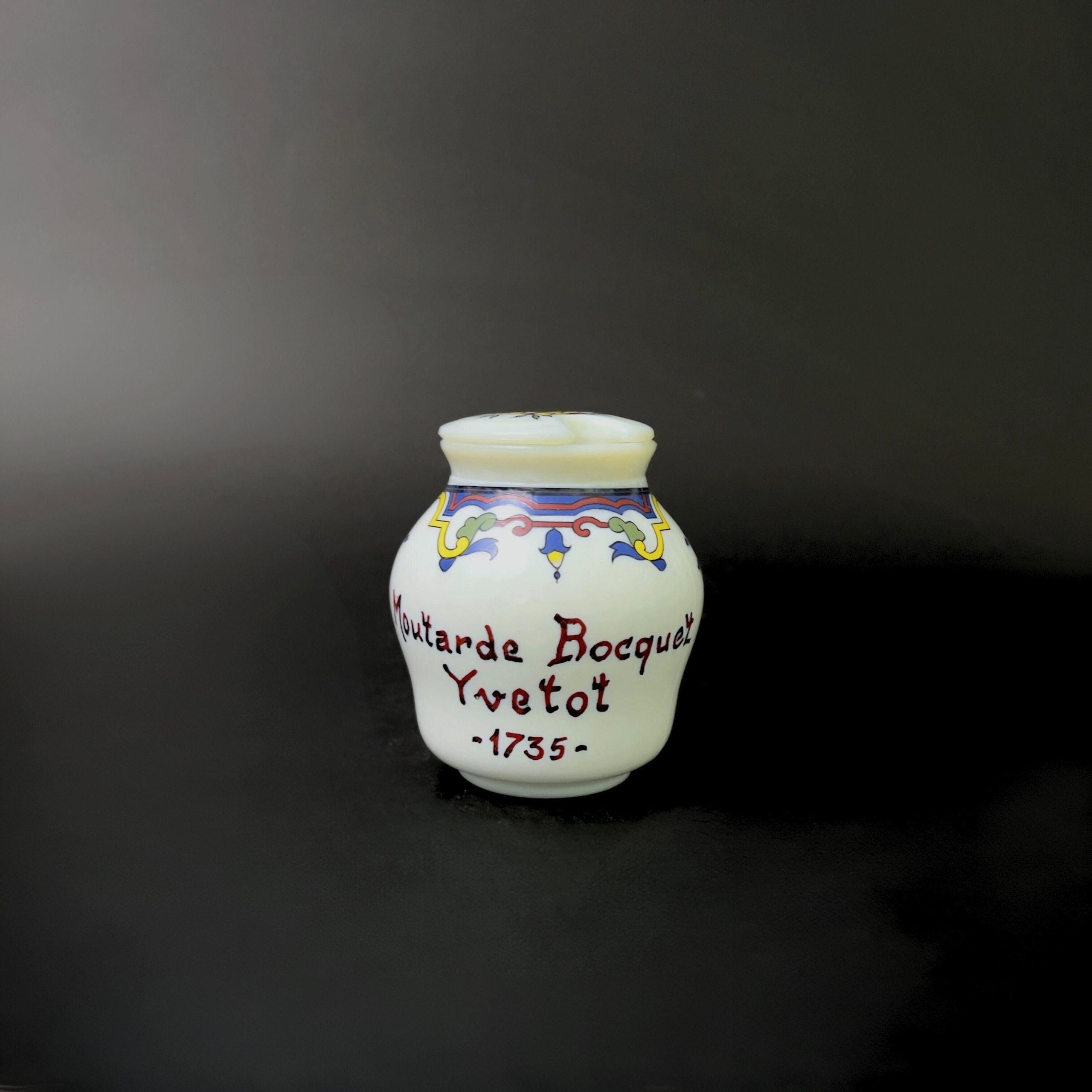 Vintage French Milk Glass Mustard Jar: Moutarde Bocquet Yvetot 1735 - Image 3