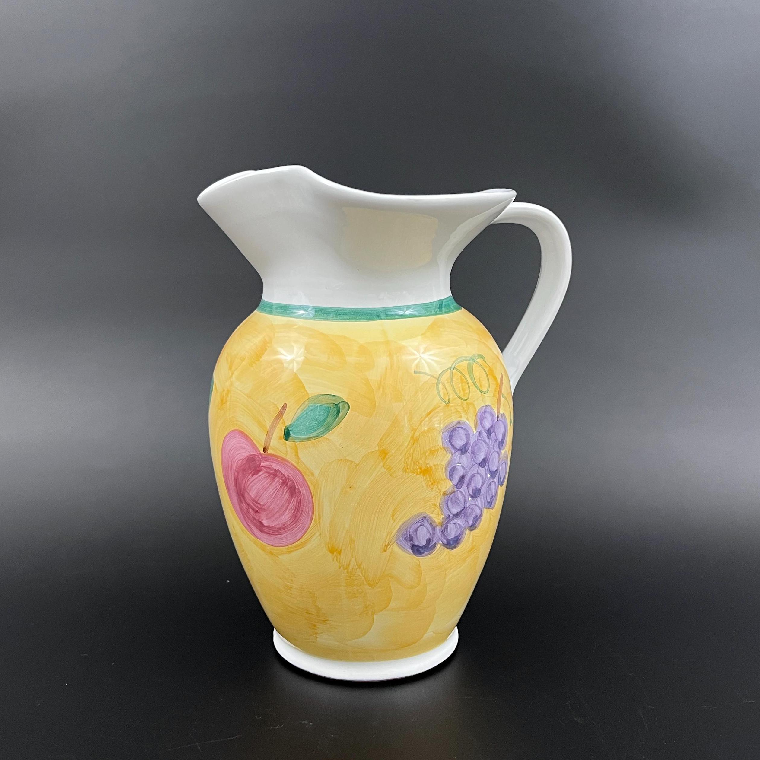 Vintage Caleca Pitcher Vase: Hand-Painted Italian Ceramic Fruit Decor