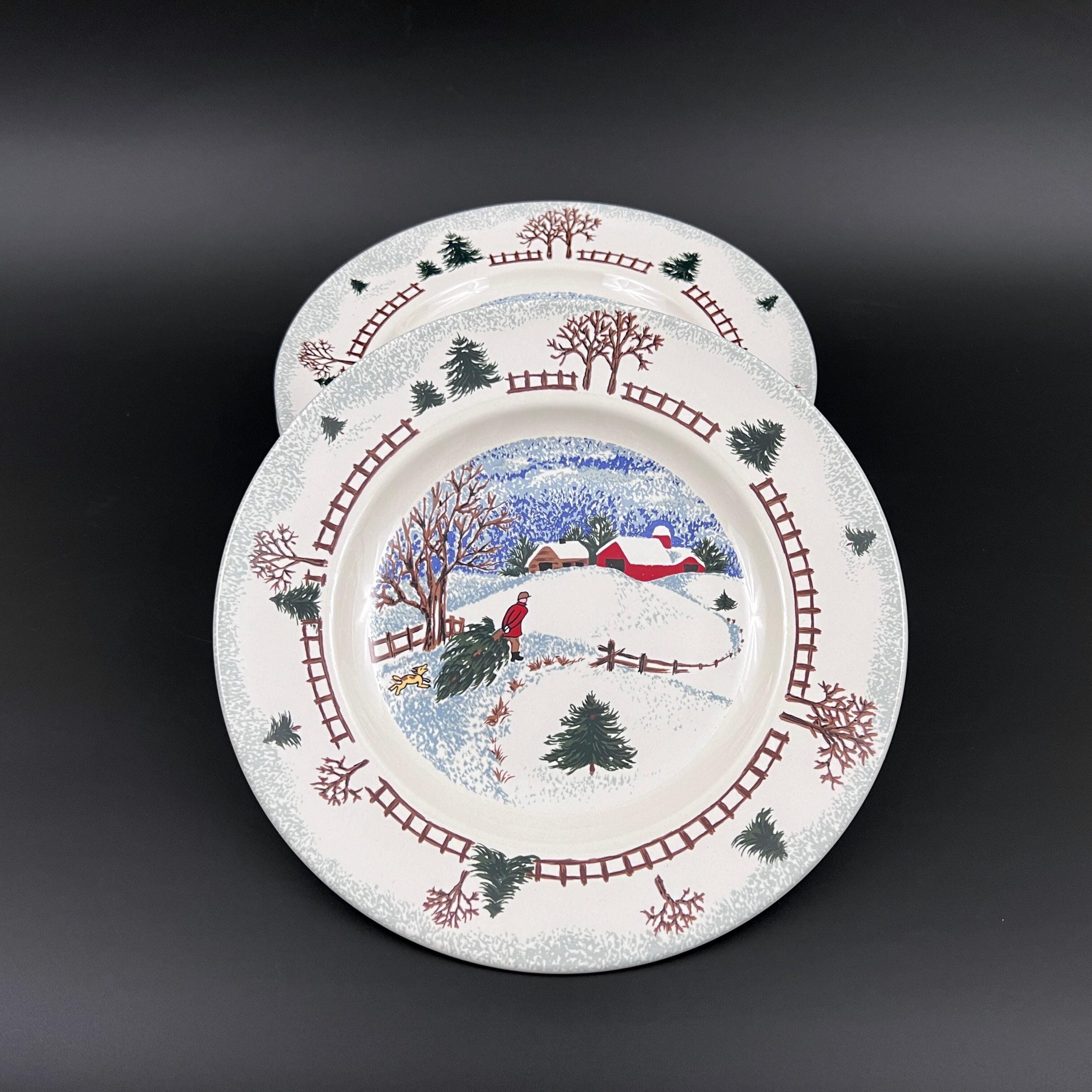 Folkcraft Winter Stoneware Plates: Set of 4 Rustic Christmas Dinner Plates