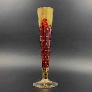 Antique Moser Cranberry Glass Trumpet Vase: Bohemian Gold Enamel, 14 inch