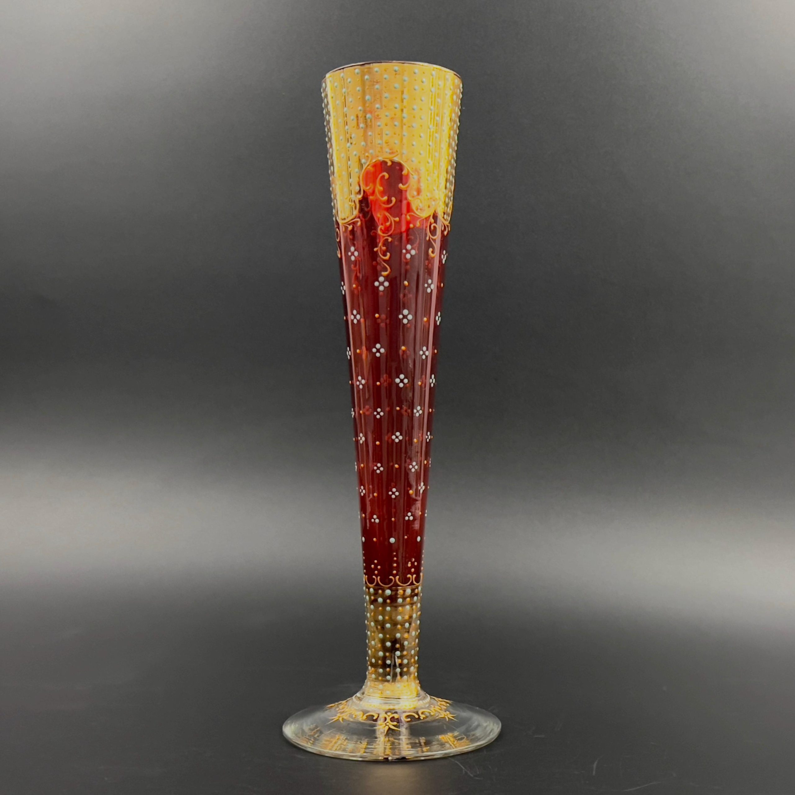 Antique Moser Cranberry Glass Trumpet Vase: Bohemian Gold Enamel, 14 inch