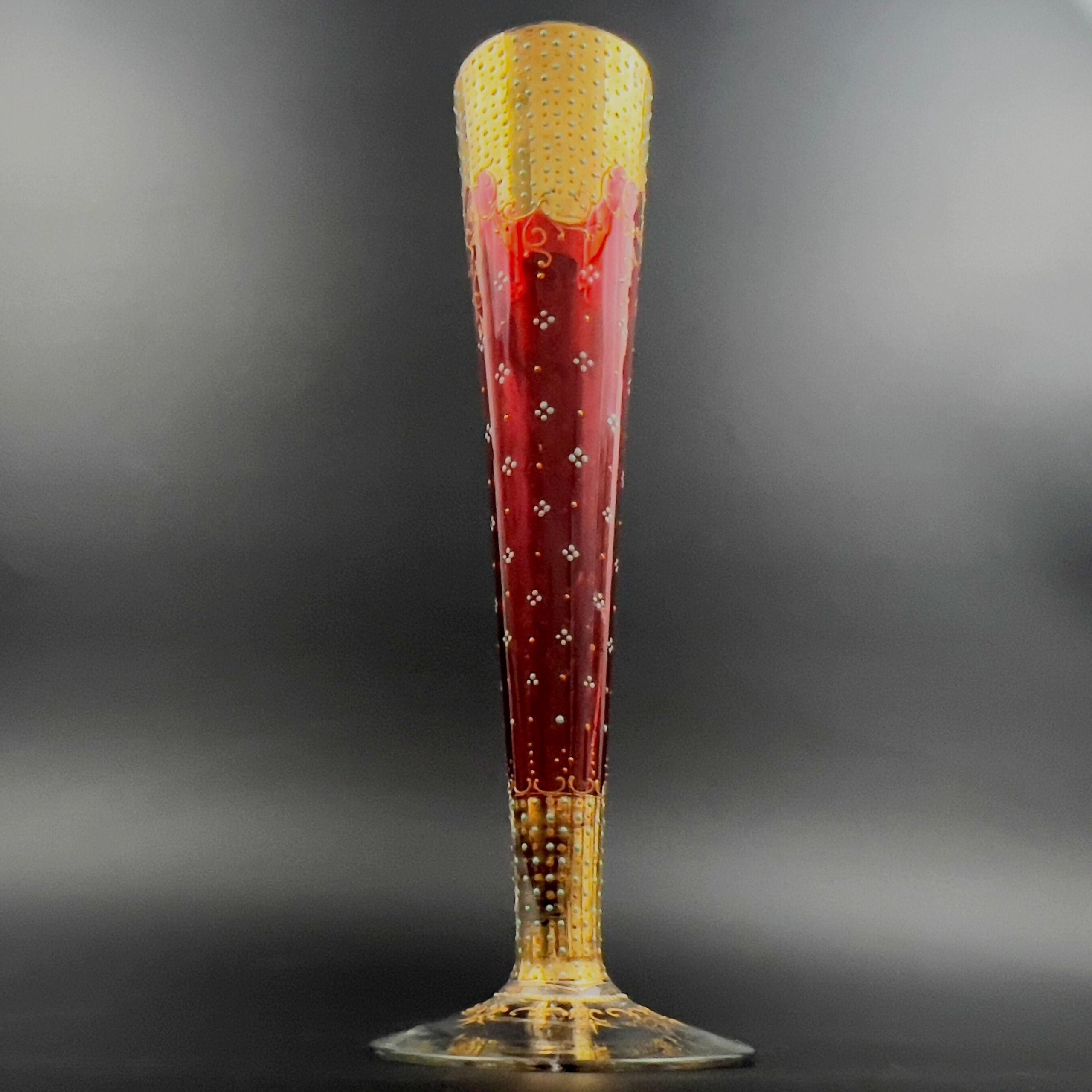 Antique Moser Cranberry Glass Trumpet Vase: Bohemian Gold Enamel, 14 inch - Image 5