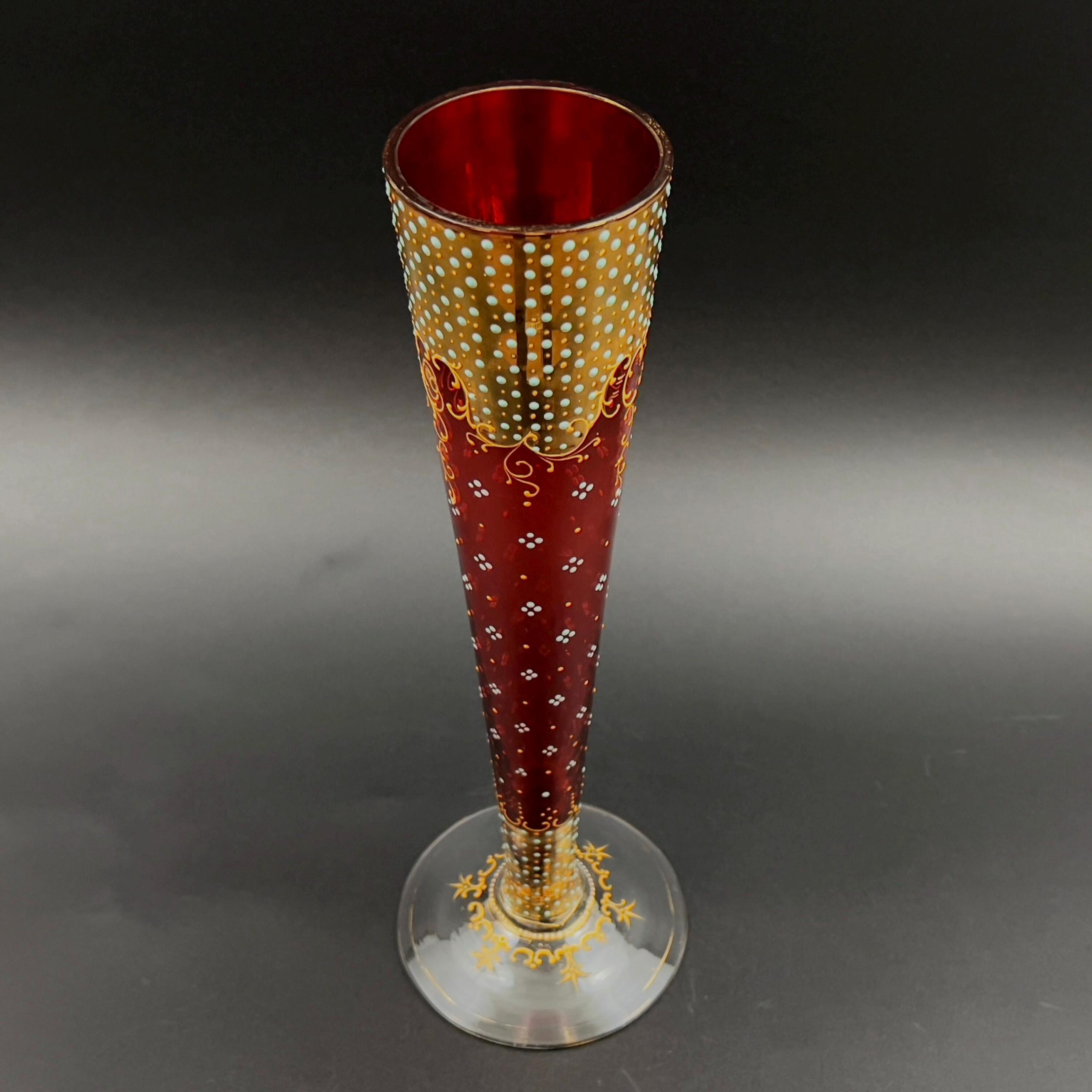 Antique Moser Cranberry Glass Trumpet Vase: Bohemian Gold Enamel, 14 inch - Image 3