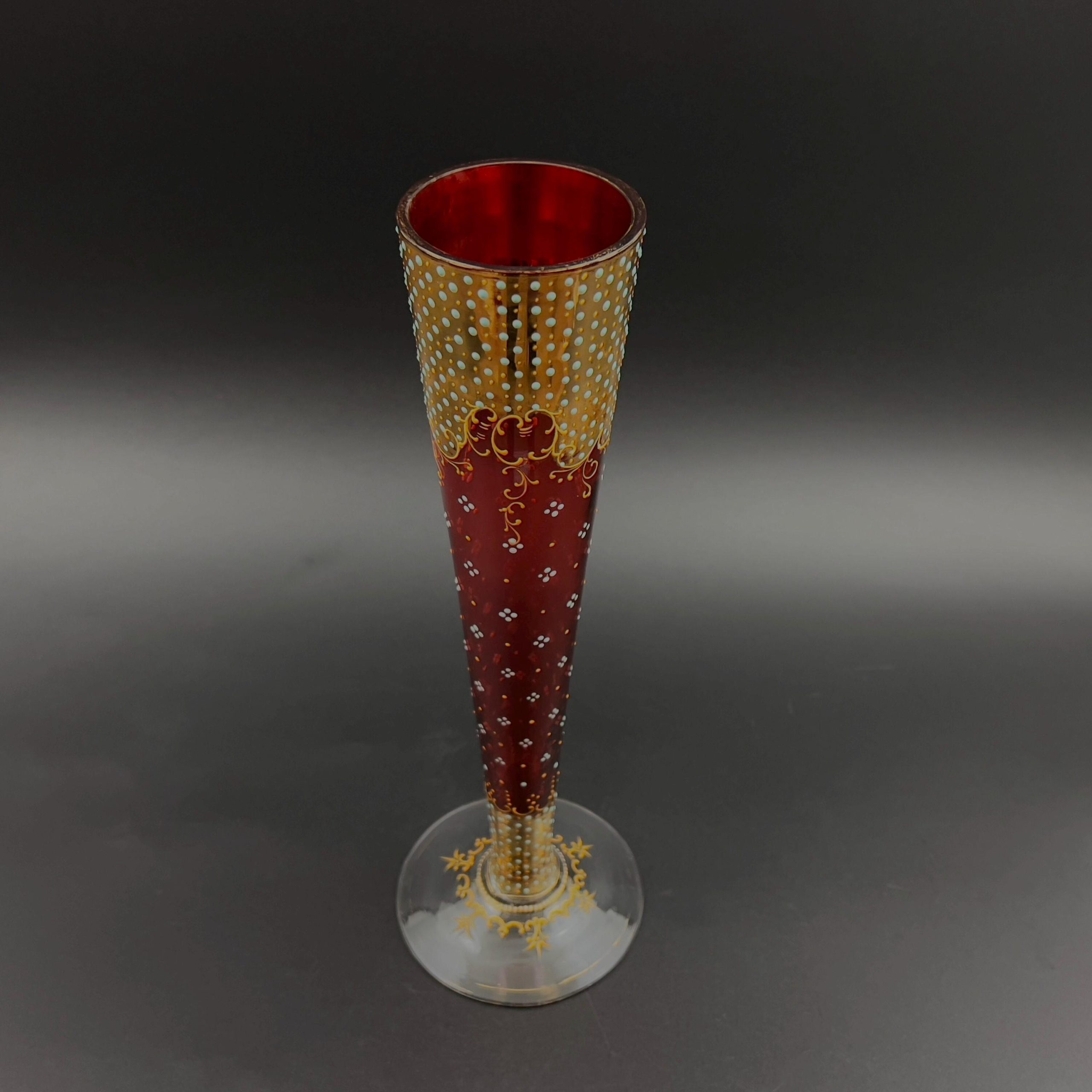Antique Moser Cranberry Glass Trumpet Vase: Bohemian Gold Enamel, 14 inch - Image 4
