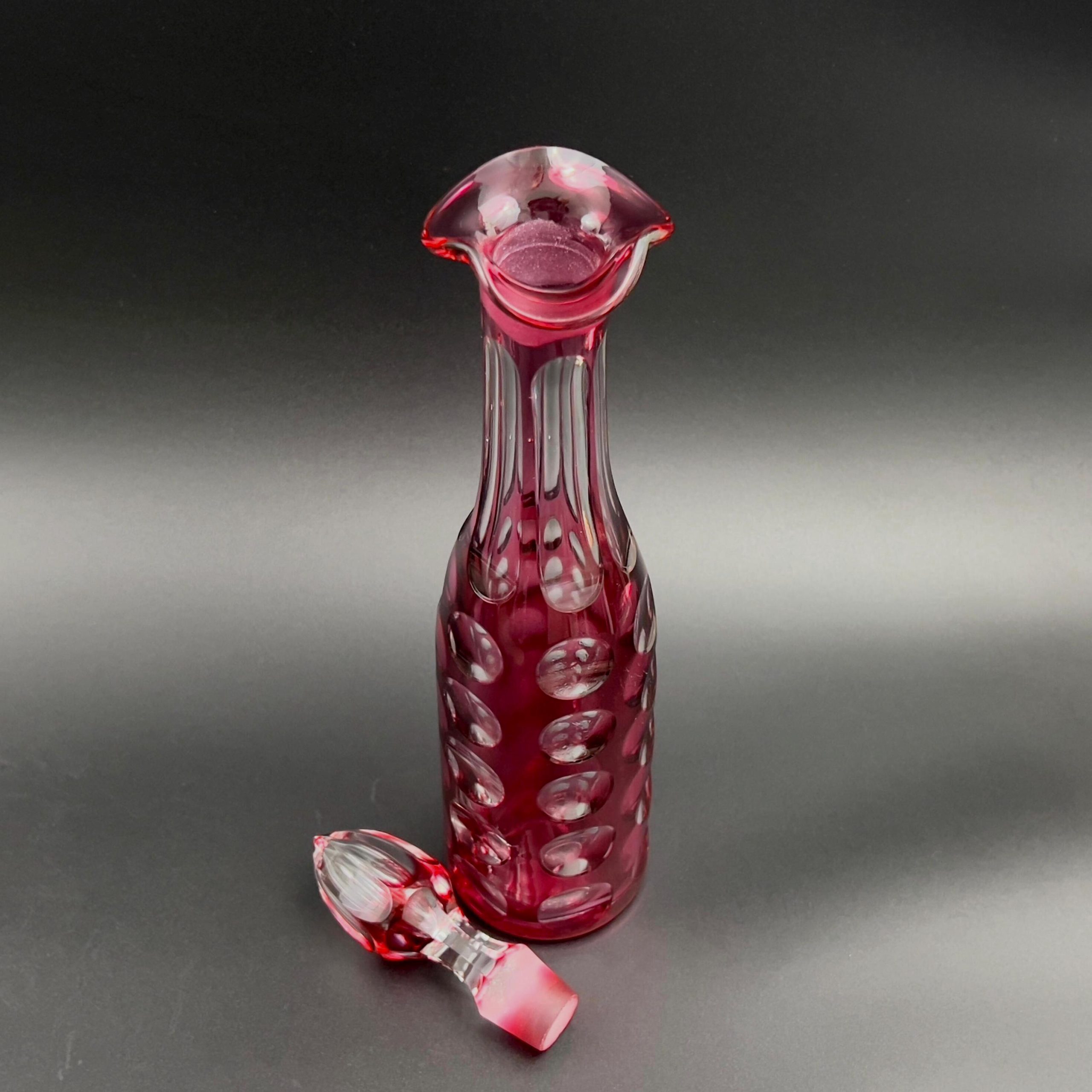 Antique Bohemian Cranberry Glass Decanter: Cut to Clear Coin Dot Design - Image 3
