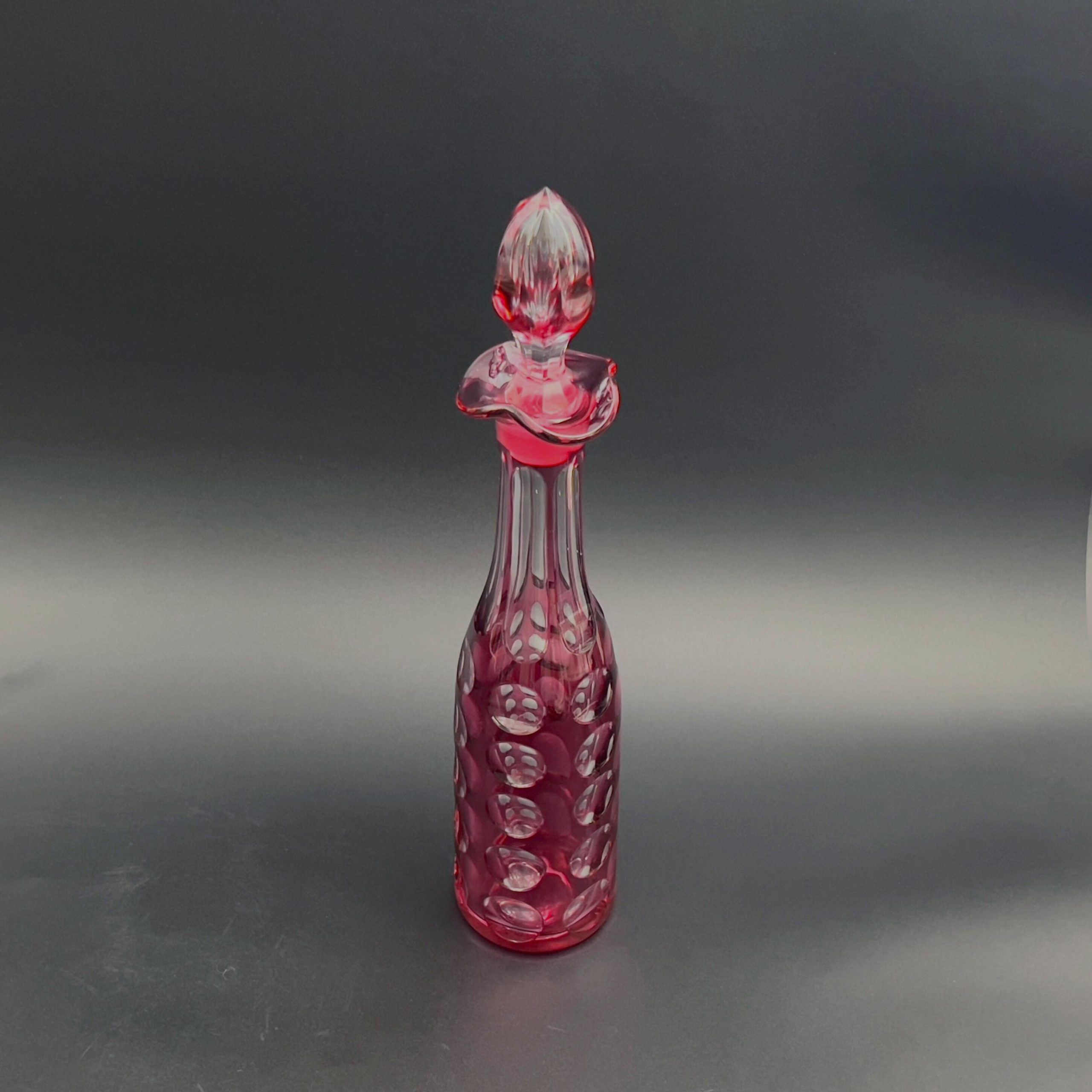 Antique Bohemian Cranberry Glass Decanter: Cut to Clear Coin Dot Design - Image 4