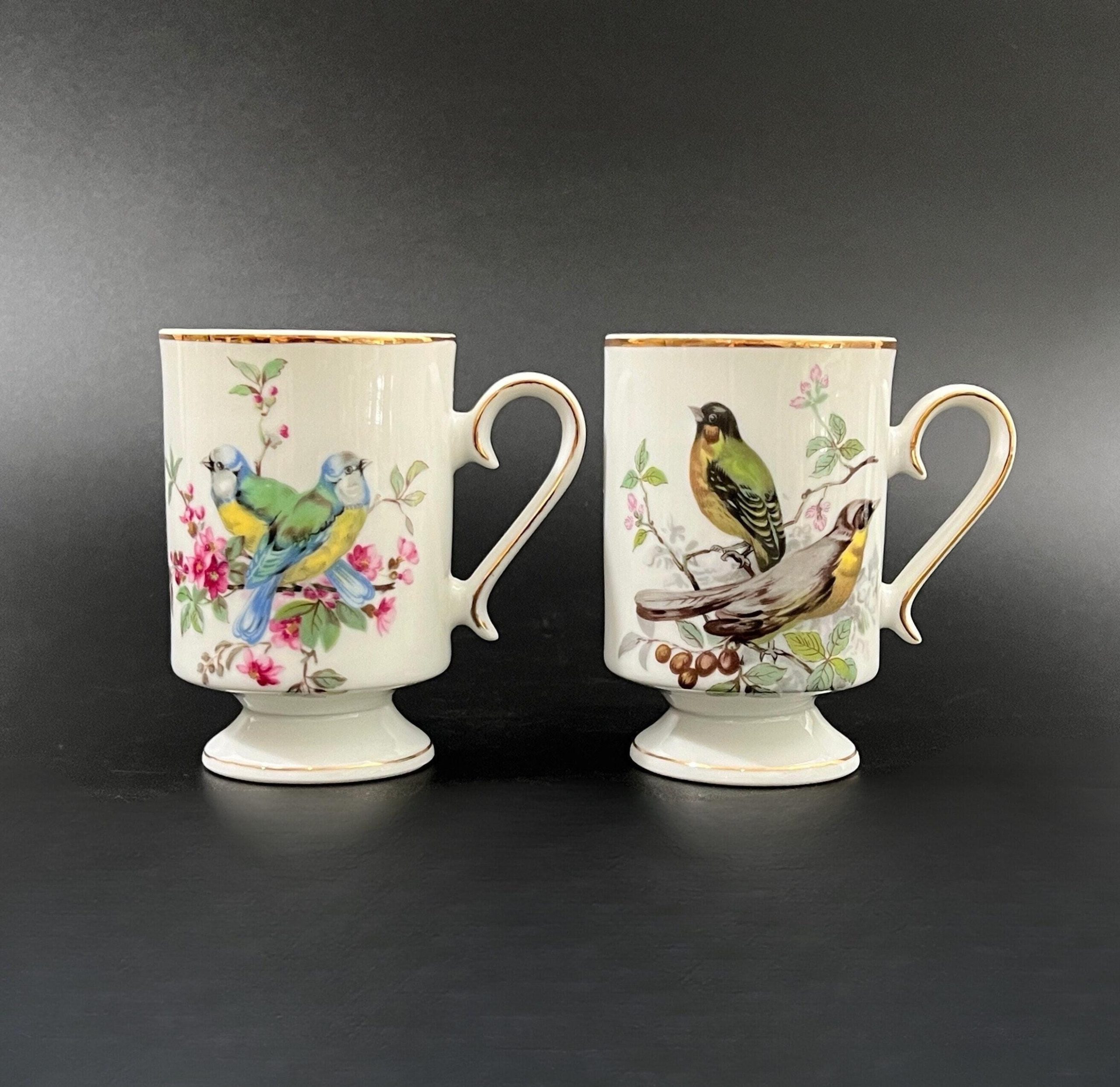 Vintage Royal Crown Bird Mugs: Porcelain Coffee Cups with Gold Trim, Set of 2