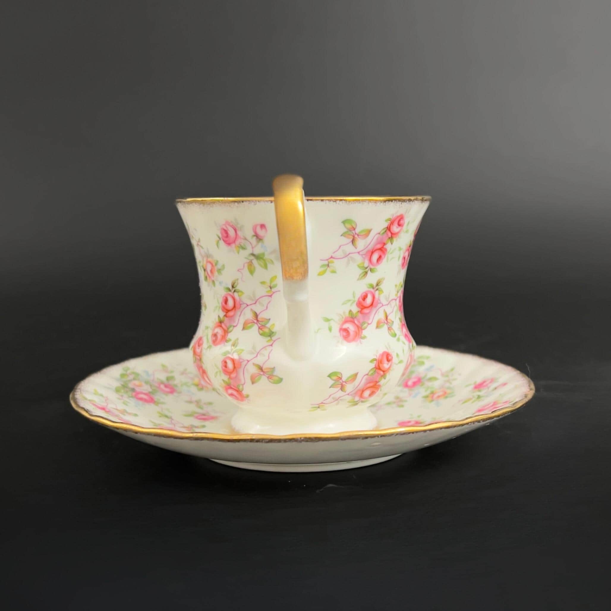 Vintage Royal Dover Tea Cup and Saucer: Pink Roses Chintz, Gold Trim - Image 7