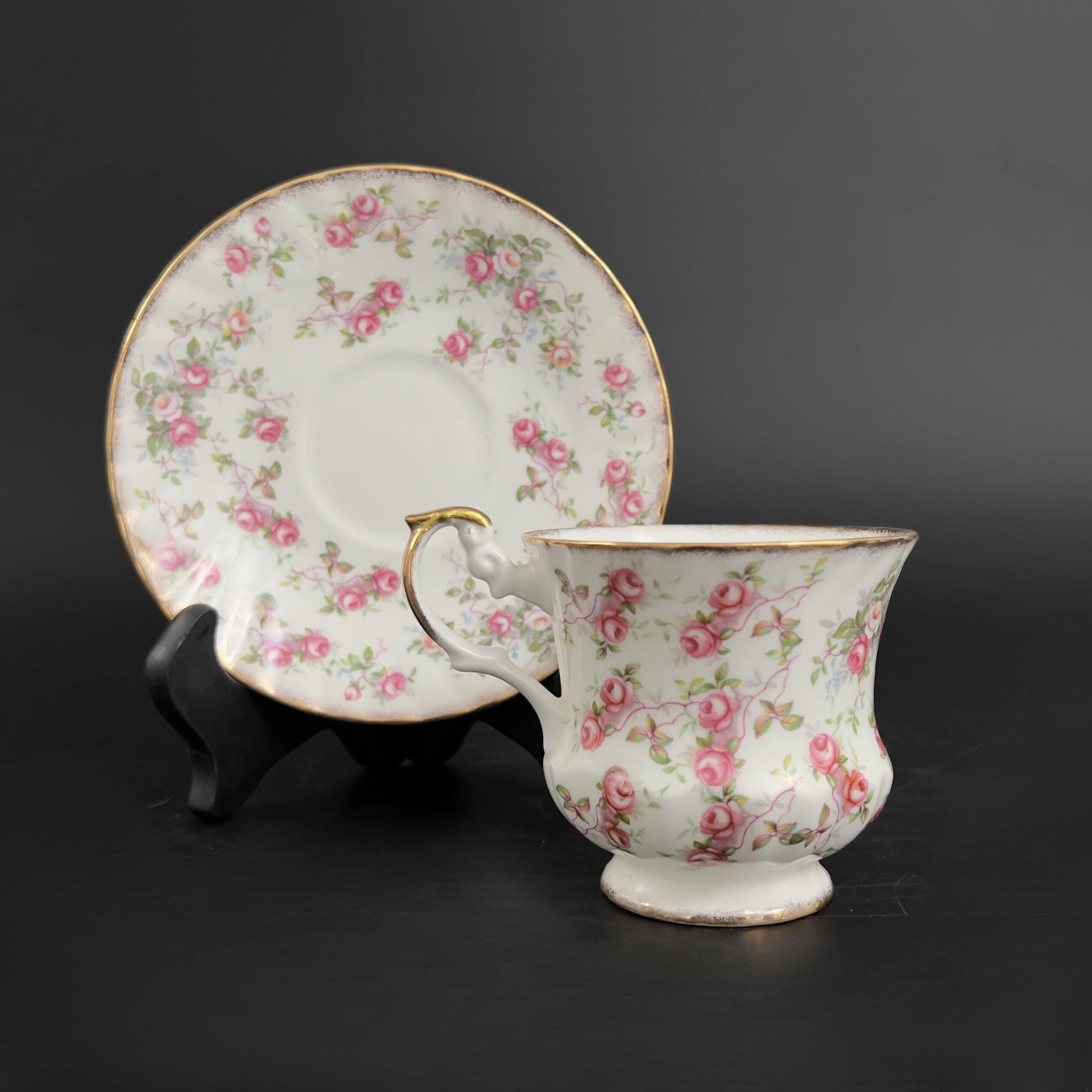 Vintage Royal Dover Tea Cup and Saucer: Pink Roses Chintz, Gold Trim - Image 3