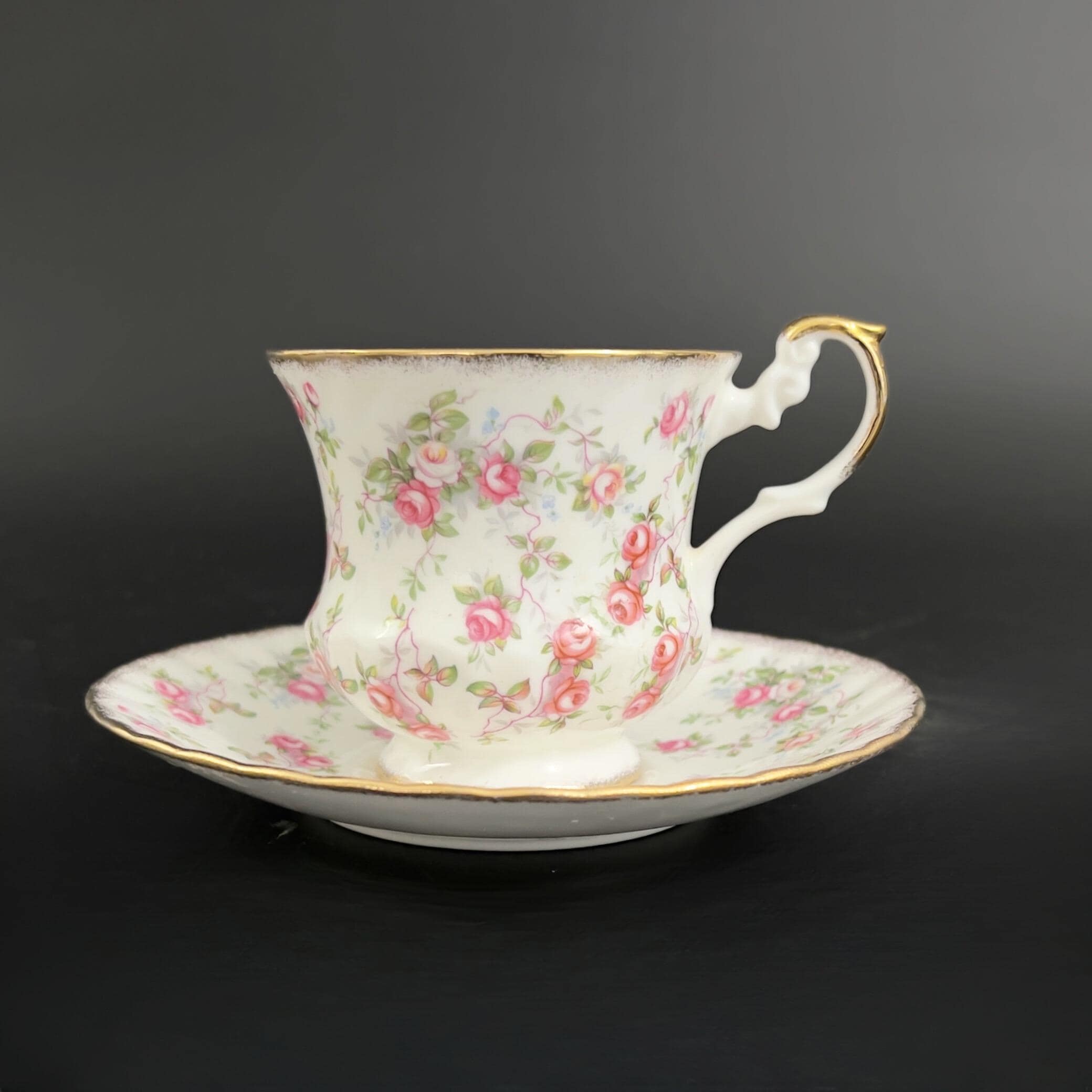 Vintage Royal Dover Tea Cup and Saucer: Pink Roses Chintz, Gold Trim - Image 6