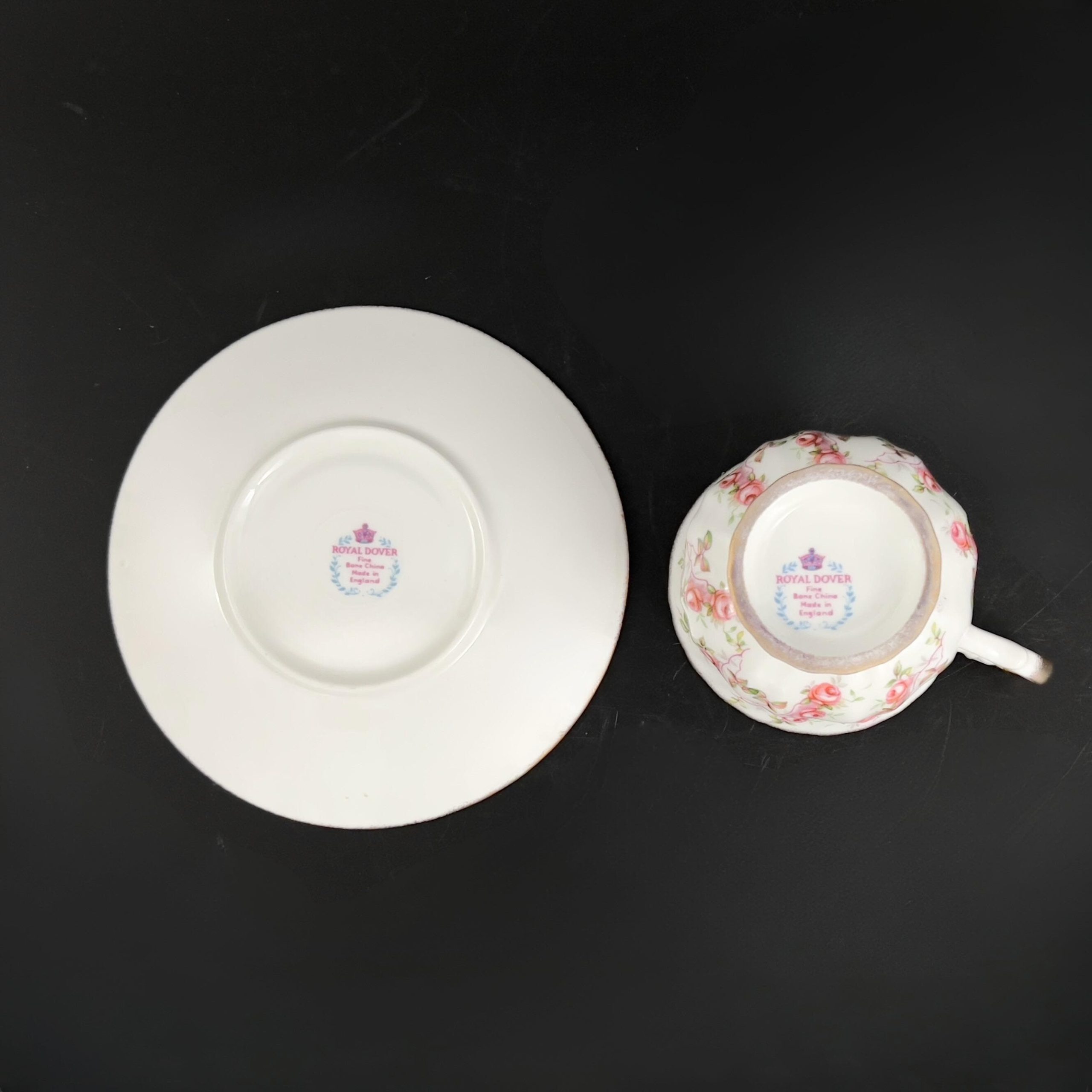 Vintage Royal Dover Tea Cup and Saucer: Pink Roses Chintz, Gold Trim - Image 11